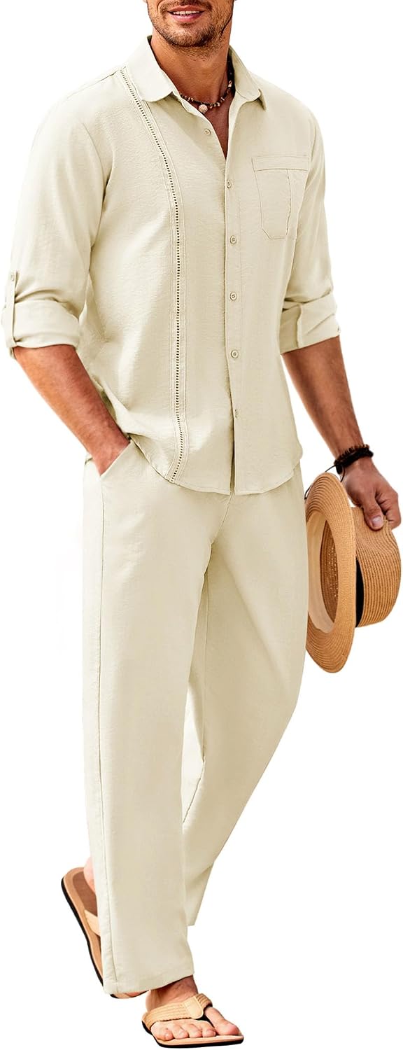 COOFANDY Mens 2 Piece Outfits Long Sleeve Button Down Cuban Shirt and Pants Set Summer Beach Sets