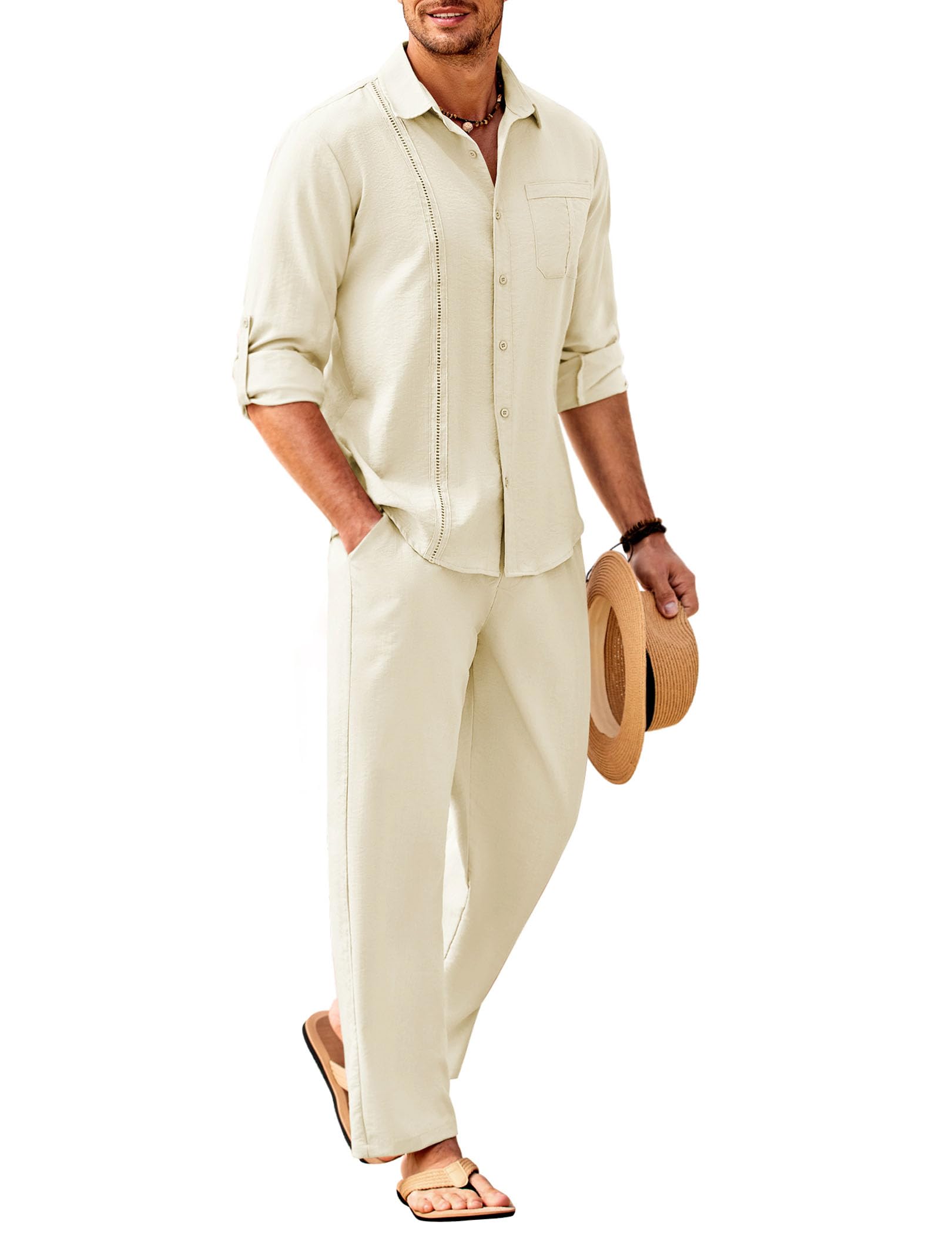 COOFANDY Mens 2 Piece Outfits Long Sleeve Button Down Cuban Shirt and Pants Set Summer Beach Sets