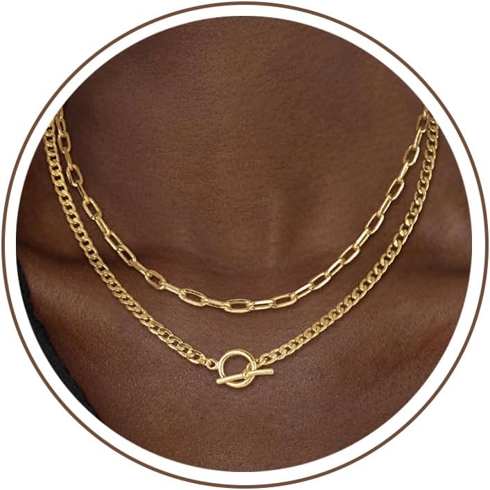 CHESKY 14K Gold Plated Layered Chain Necklace for Women | Trendy Cuban Link Chain, Chunky Paperclip Chain, Toggle Clasp Necklace, Fashion Gold Jewelry, Daily Gift for Women