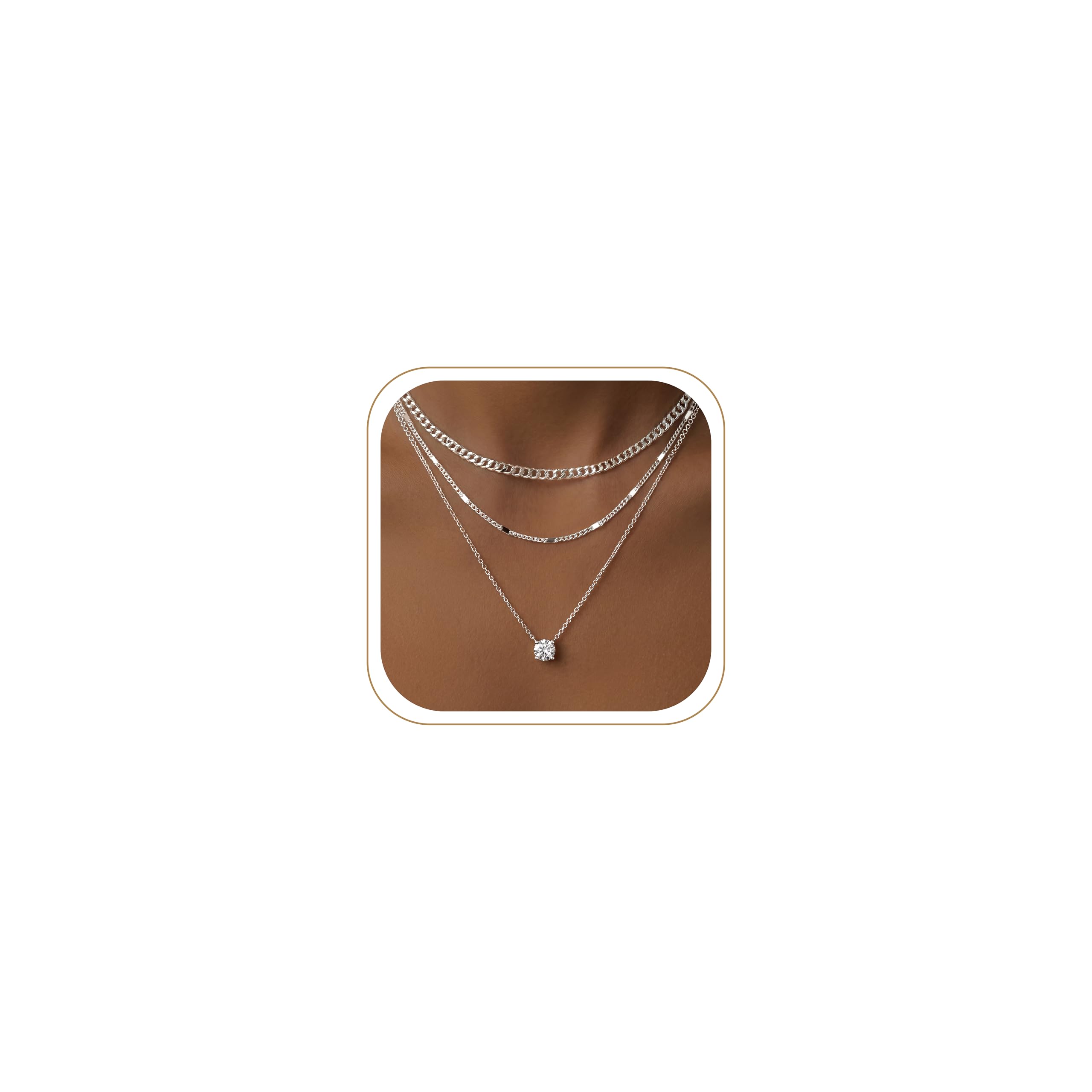 WomenGifts Layered Gold Necklaces for Women, 14K Gold Sterling Silver Plated Dainty Pendant Necklace Set Non Tarnish, Chunky Stackable Cuban Chain Choker, Trendy Birthstone Vacation Jewelry Gift
