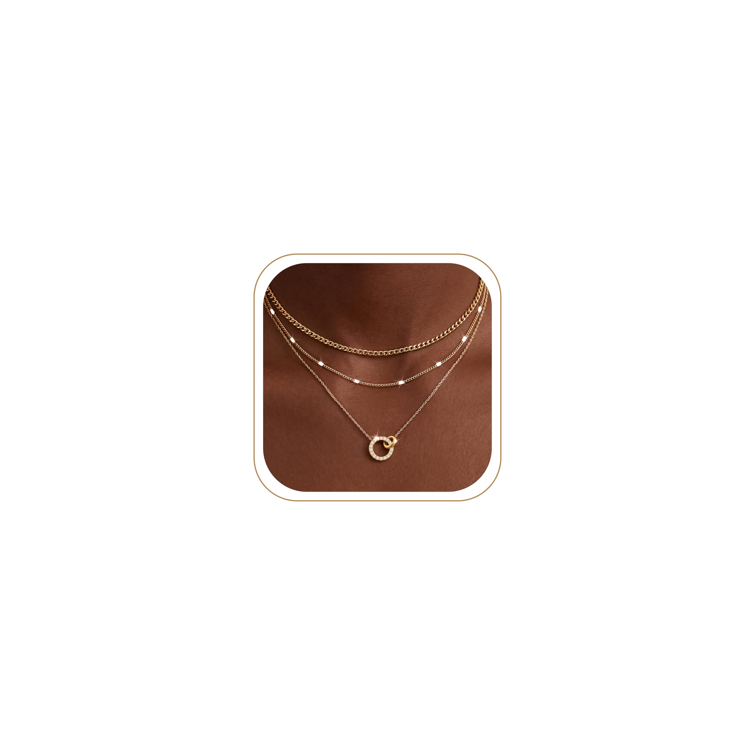 WomenGifts Layered Gold Necklaces for Women, 14K Gold Sterling Silver Plated Dainty Pendant Necklace Set Non Tarnish, Chunky Stackable Cuban Chain Choker, Trendy Birthstone Vacation Jewelry Gift