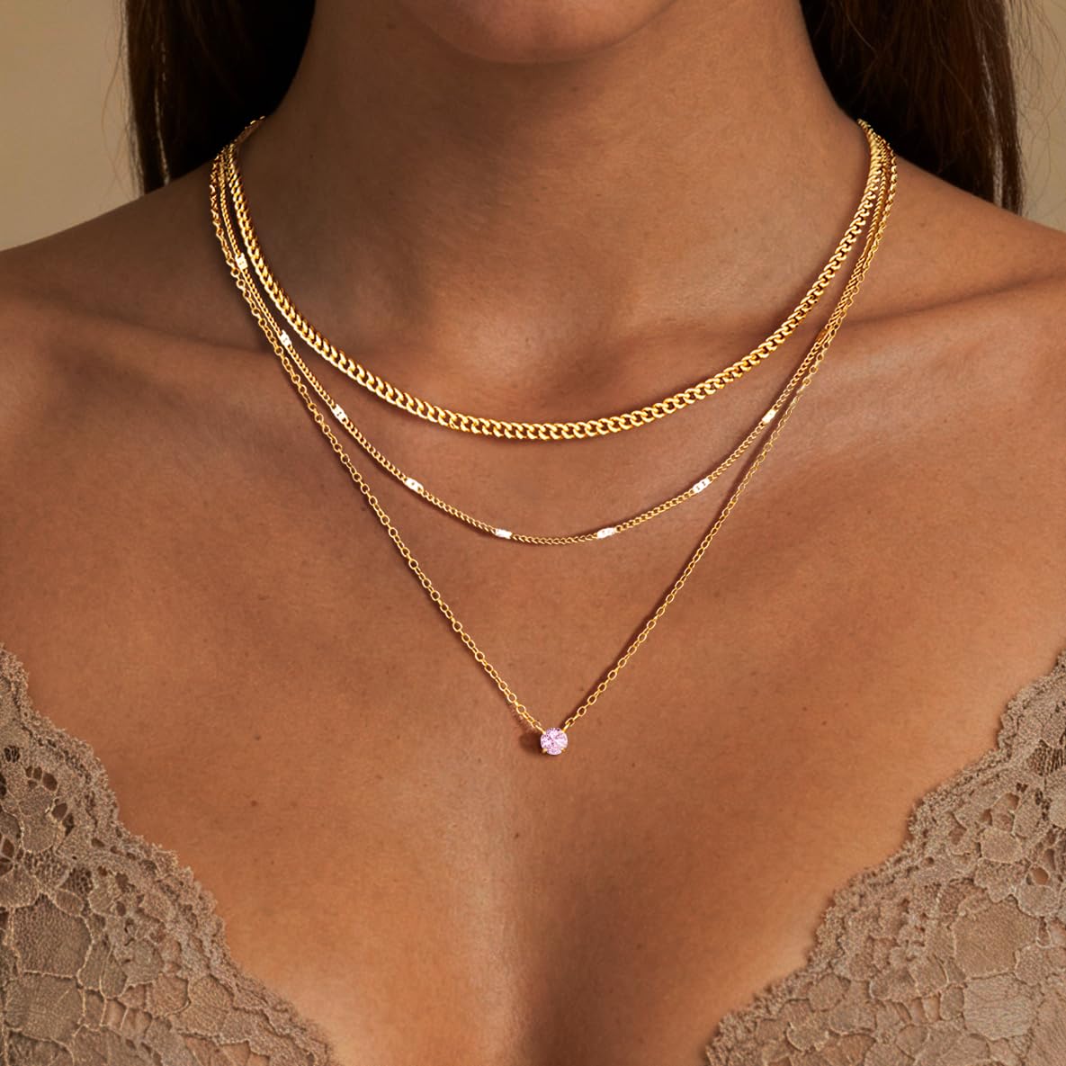 WomenGifts Layered Gold Necklaces for Women, 14K Gold Sterling Silver Plated Dainty Pendant Necklace Set Non Tarnish, Chunky Stackable Cuban Chain Choker, Trendy Birthstone Vacation Jewelry Gift
