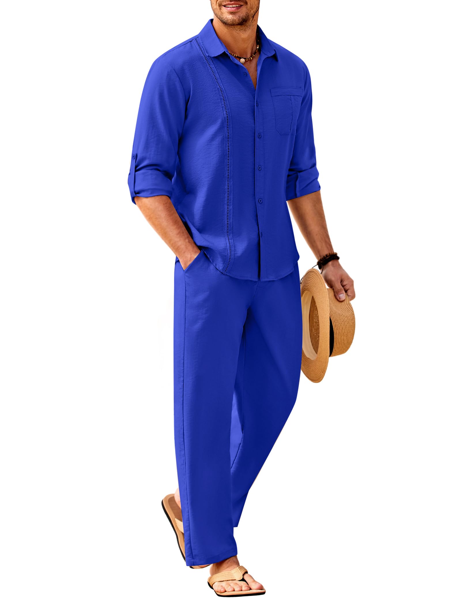 COOFANDY Mens 2 Piece Outfits Long Sleeve Button Down Cuban Shirt and Pants Set Summer Beach Sets
