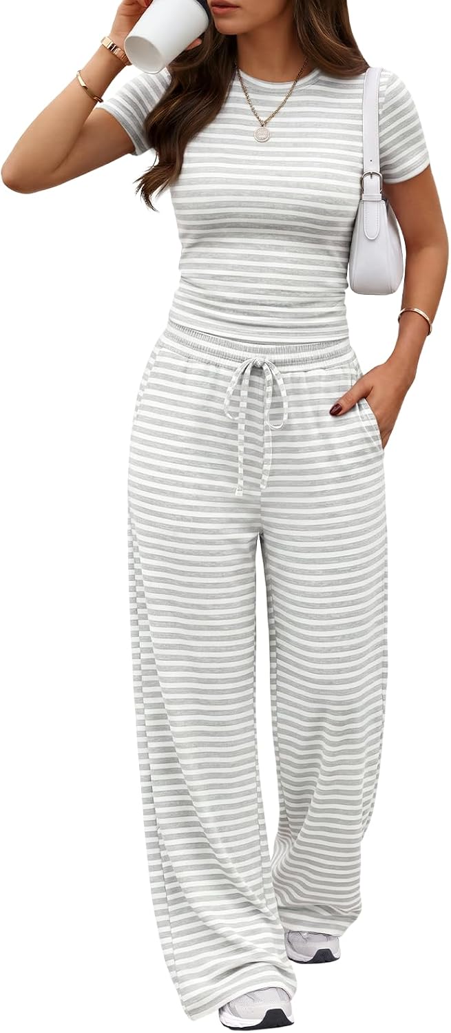 Trendy Queen Women's 2 Piece Matching Summer Lounge Set with Pockets | Vacation Airport Travel Outfits, Workout Gym Clothing Comfy Athleisure Clothes, Side-ruched Top, Drawstring Wide Leg Pants