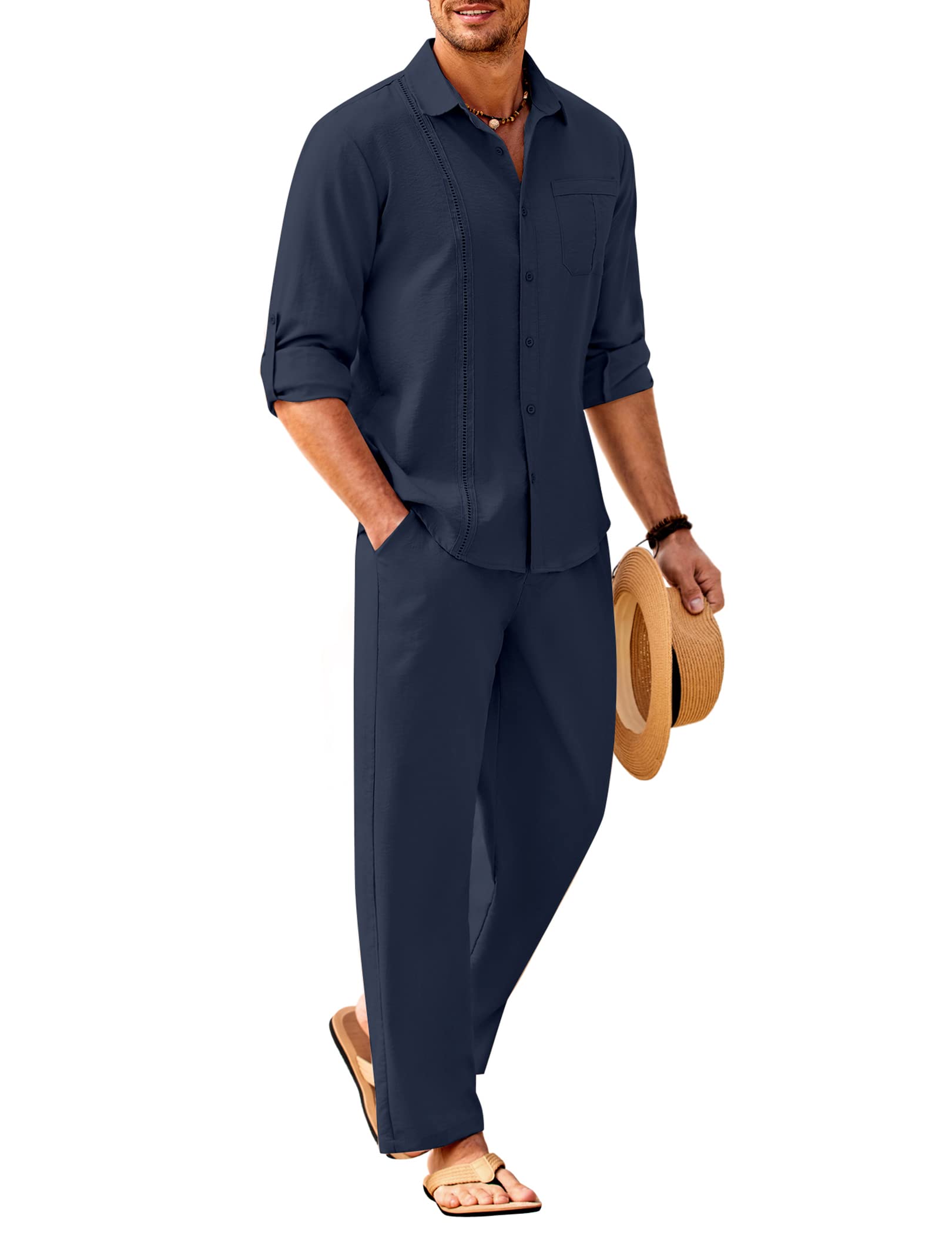 COOFANDY Mens 2 Piece Outfits Long Sleeve Button Down Cuban Shirt and Pants Set Summer Beach Sets