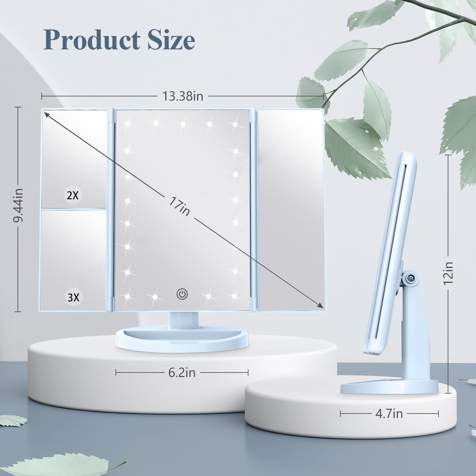 HUONUL 2X/3X/10X Magnifying Vanity Mirror with Light, Trifold Makeup Mirror | Touch Dimming, Dual Power, Clear View for Makeup, Skincare. Dorm Room Essentials. Birthday Gifts for Women, Mom, Wife, Girls