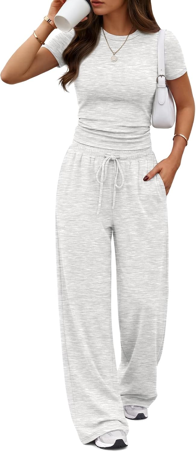 Trendy Queen Women's 2 Piece Matching Summer Lounge Set with Pockets | Vacation Airport Travel Outfits, Workout Gym Clothing Comfy Athleisure Clothes, Side-ruched Top, Drawstring Wide Leg Pants