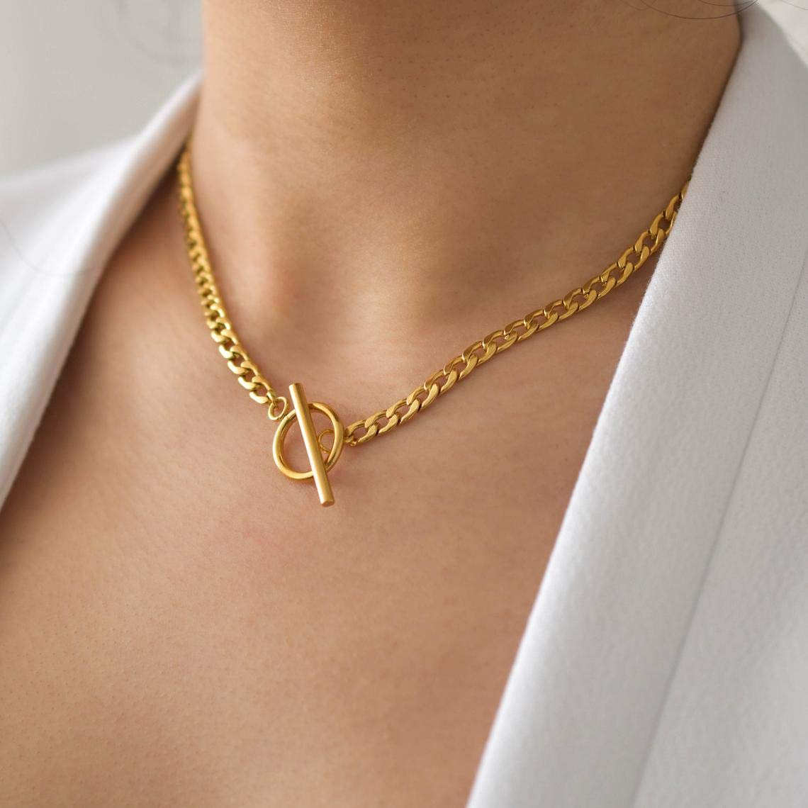 CHESKY 14K Gold Plated Layered Chain Necklace for Women | Trendy Cuban Link Chain, Chunky Paperclip Chain, Toggle Clasp Necklace, Fashion Gold Jewelry, Daily Gift for Women
