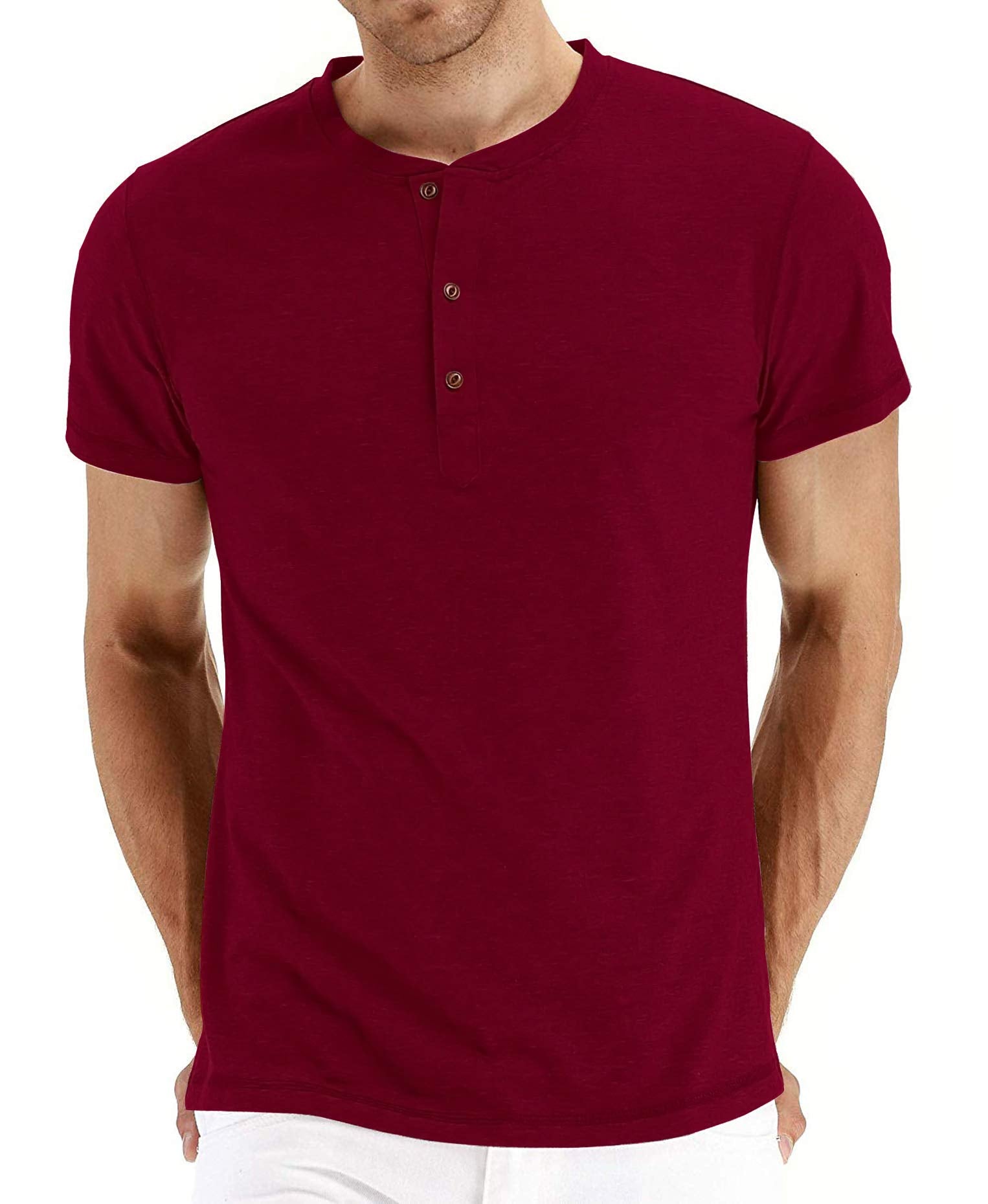 PEGENO Men's Fashion Casual Front Placket Short Sleeve Henley T-Shirts Cotton Shirts