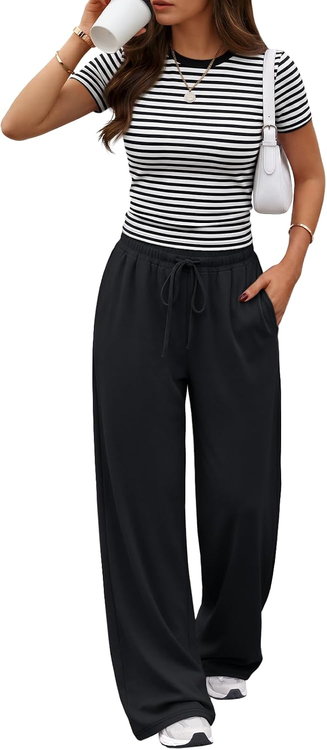 Trendy Queen Women's 2 Piece Matching Summer Lounge Set with Pockets | Vacation Airport Travel Outfits, Workout Gym Clothing Comfy Athleisure Clothes, Side-ruched Top, Drawstring Wide Leg Pants