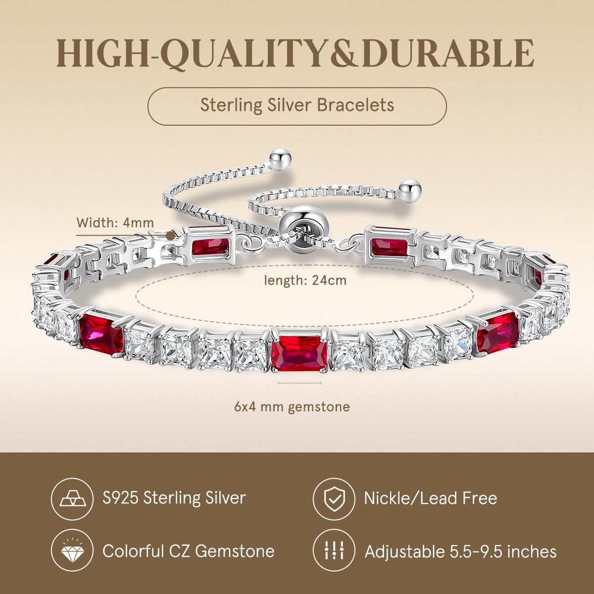 FANCIME Birthstone Bracelet for Women, Sterling Silver 4x6mm Gemstone Tennis Bracelet Bolo Adjustable Chain Fine Jewelry Birthday Gifts for Women Mom Wife Her