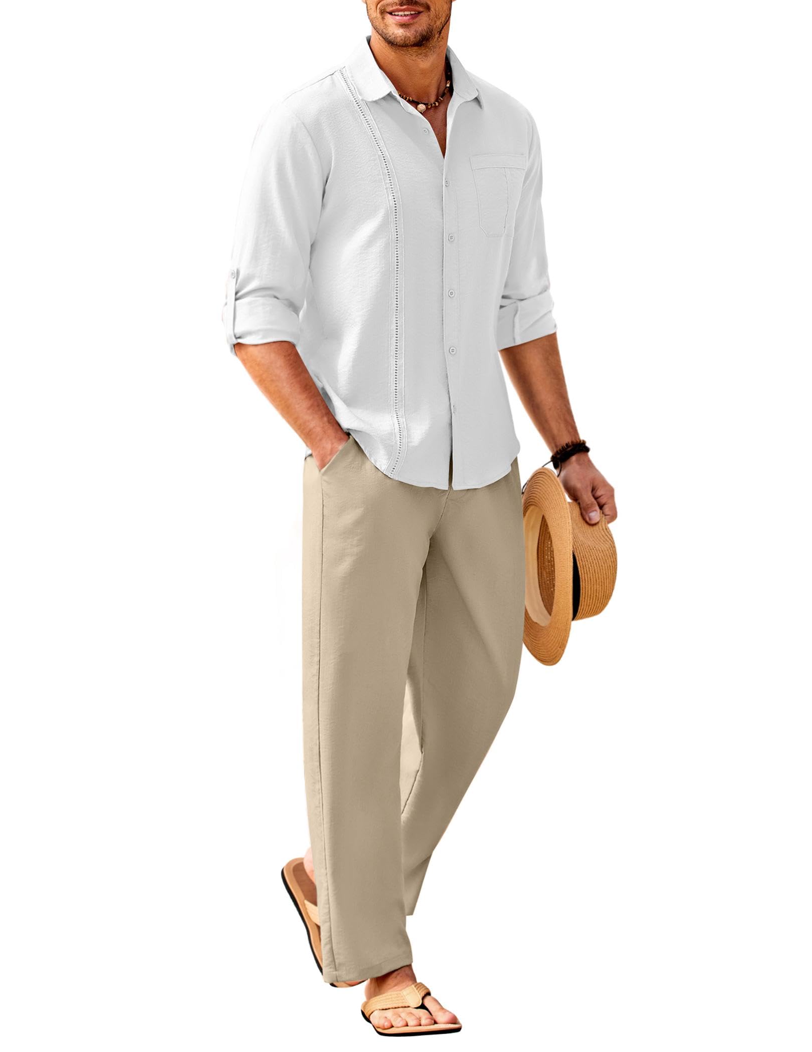 COOFANDY Mens 2 Piece Outfits Long Sleeve Button Down Cuban Shirt and Pants Set Summer Beach Sets