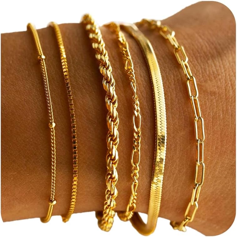 Dearmay Gold Bracelets for Women Waterproof, 14K Gold Plated Minimalist Bracelets Stack Non Tarnish Trendy Dainty Herringbone Vintage Cuban Paperclip Rope Thin Box Link Chain Stackable Jewelry Sets Modern Fashion Accessories Gifts for Womens