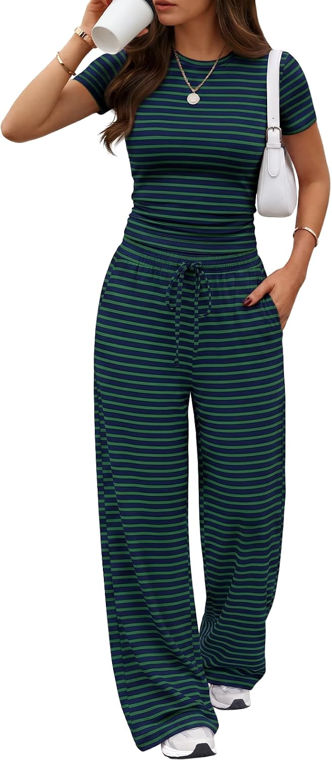 Trendy Queen Women's 2 Piece Matching Summer Lounge Set with Pockets | Vacation Airport Travel Outfits, Workout Gym Clothing Comfy Athleisure Clothes, Side-ruched Top, Drawstring Wide Leg Pants