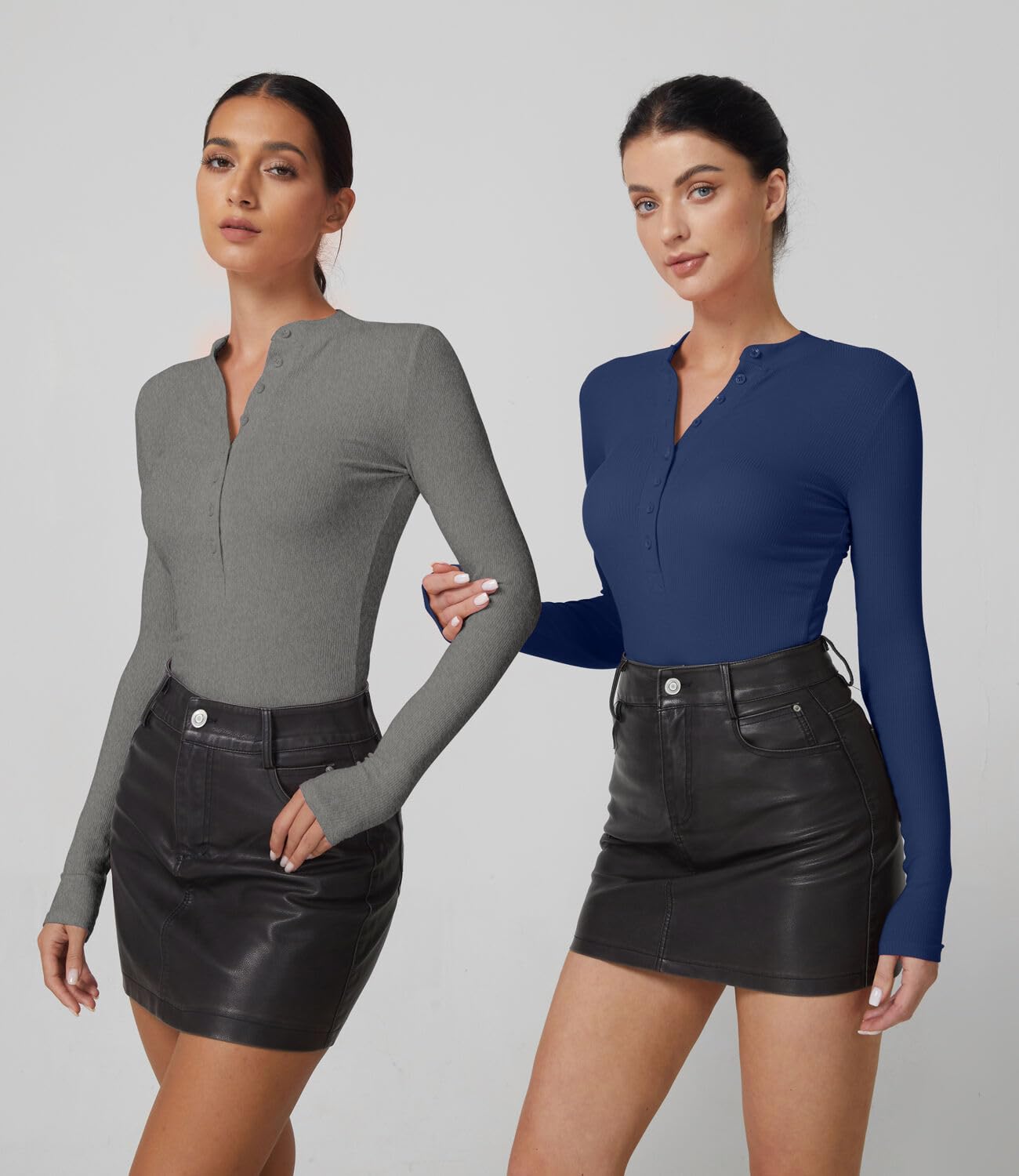 QINSEN Button Down Shirts for Women V Neck Long Sleeve Ribbed Knit Slim Fit Basic Tee Tops
