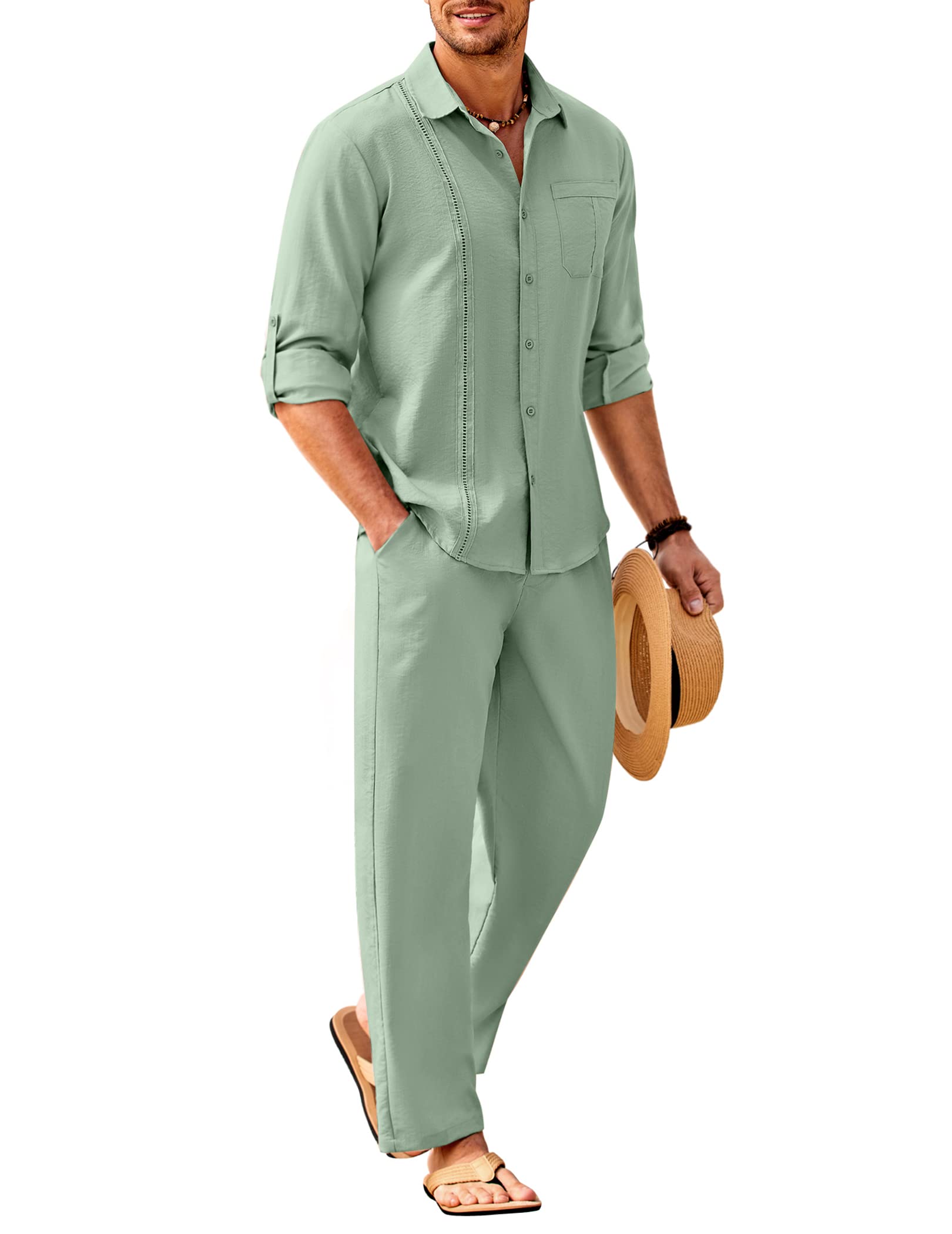 COOFANDY Mens 2 Piece Outfits Long Sleeve Button Down Cuban Shirt and Pants Set Summer Beach Sets