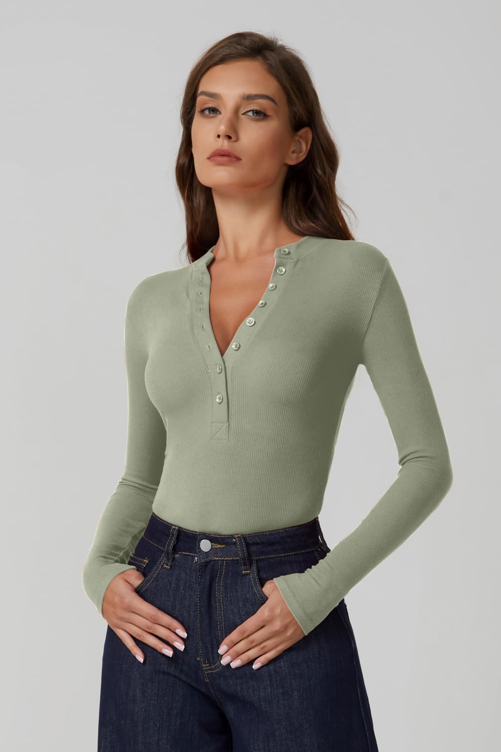 QINSEN Button Down Shirts for Women V Neck Long Sleeve Ribbed Knit Slim Fit Basic Tee Tops