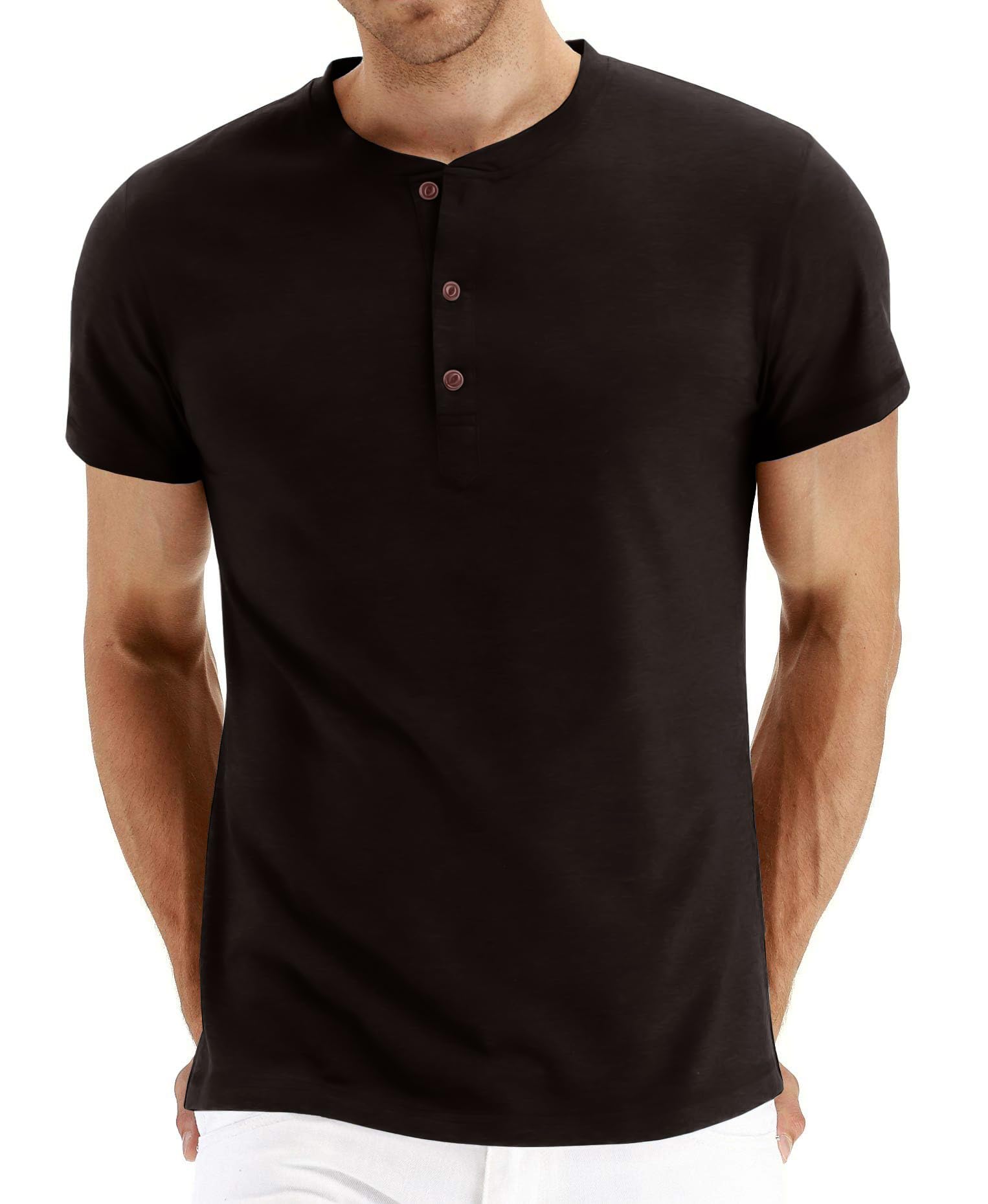 PEGENO Men's Fashion Casual Front Placket Short Sleeve Henley T-Shirts Cotton Shirts