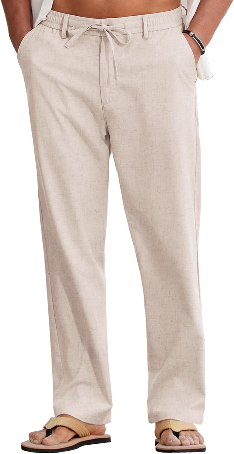 COOFANDY Mens Cotton Linen Pants Casual Lightweight Summer Beach Dress Pant | Light Weight, Drawstring, Elastic Waist, Stretch, Soft, Breathable, Classic Fit, Summer Vacation