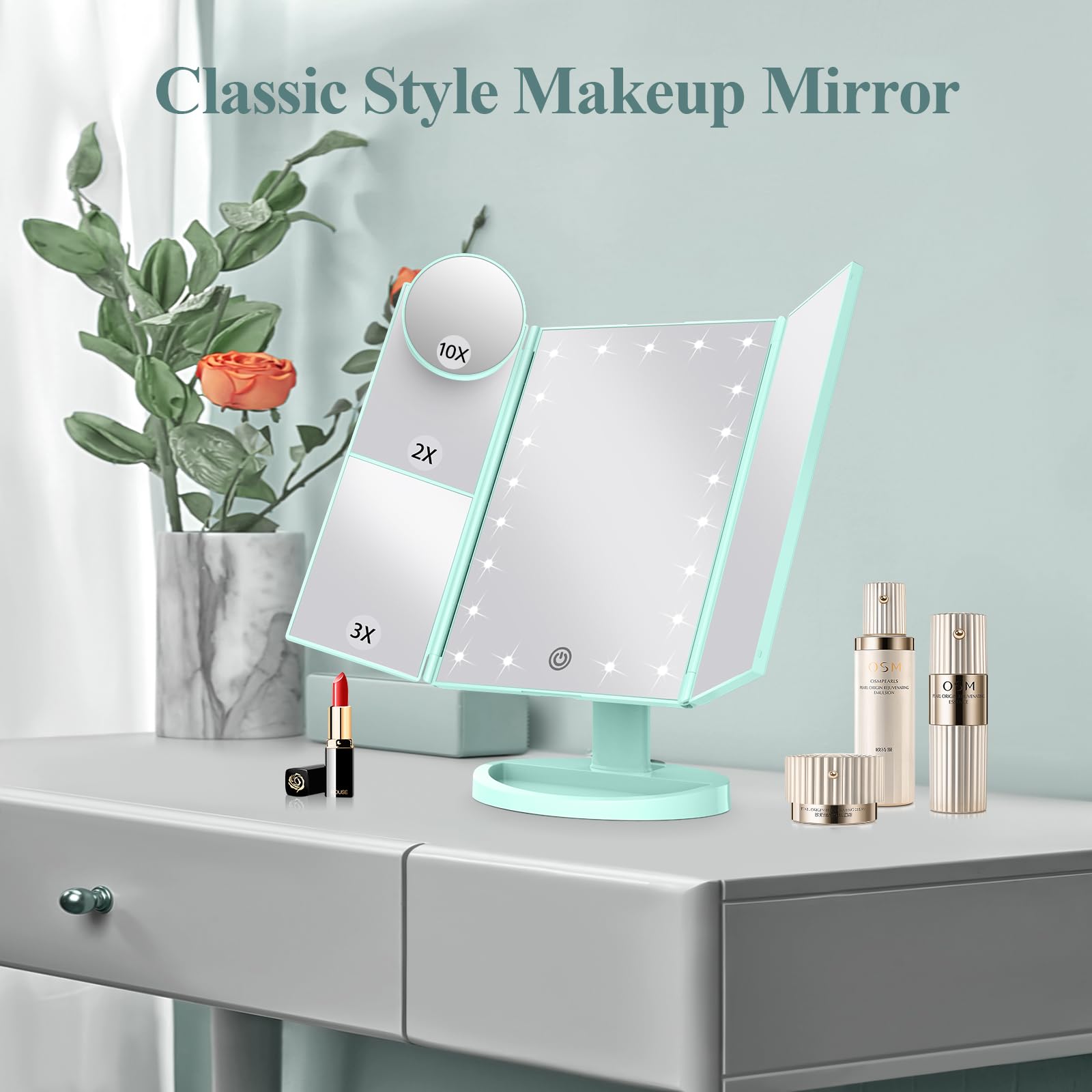 HUONUL 2X/3X/10X Magnifying Vanity Mirror with Light, Trifold Makeup Mirror | Touch Dimming, Dual Power, Clear View for Makeup, Skincare. Dorm Room Essentials. Birthday Gifts for Women, Mom, Wife, Girls