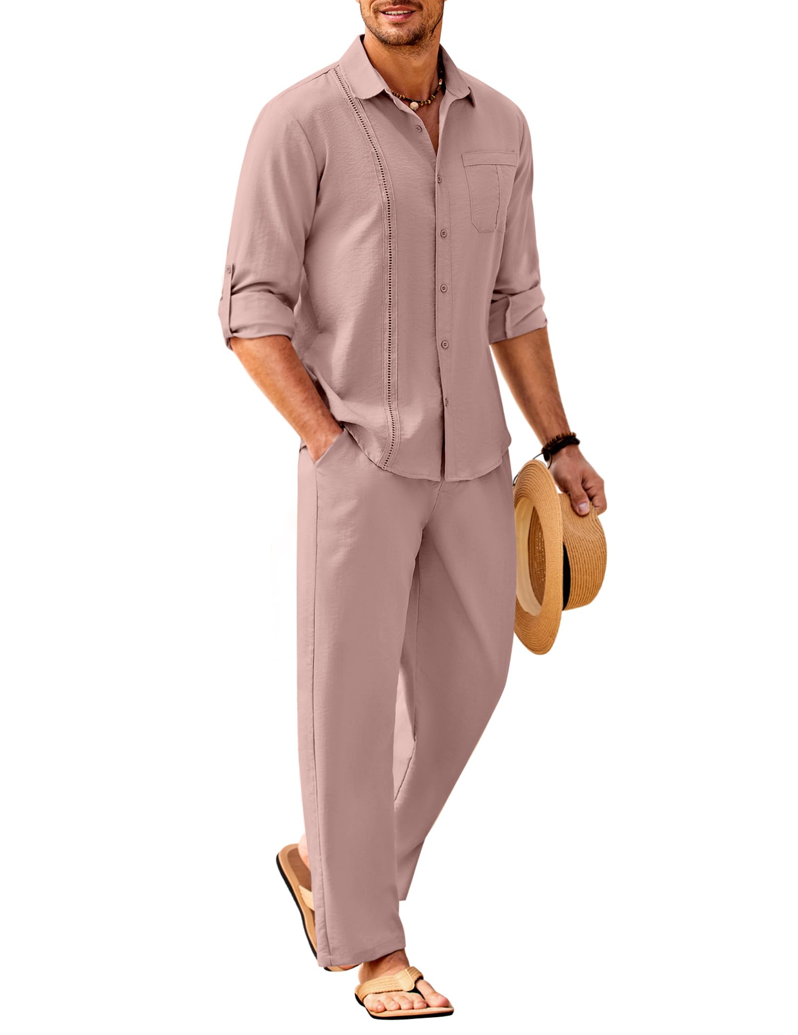 COOFANDY Mens 2 Piece Outfits Long Sleeve Button Down Cuban Shirt and Pants Set Summer Beach Sets
