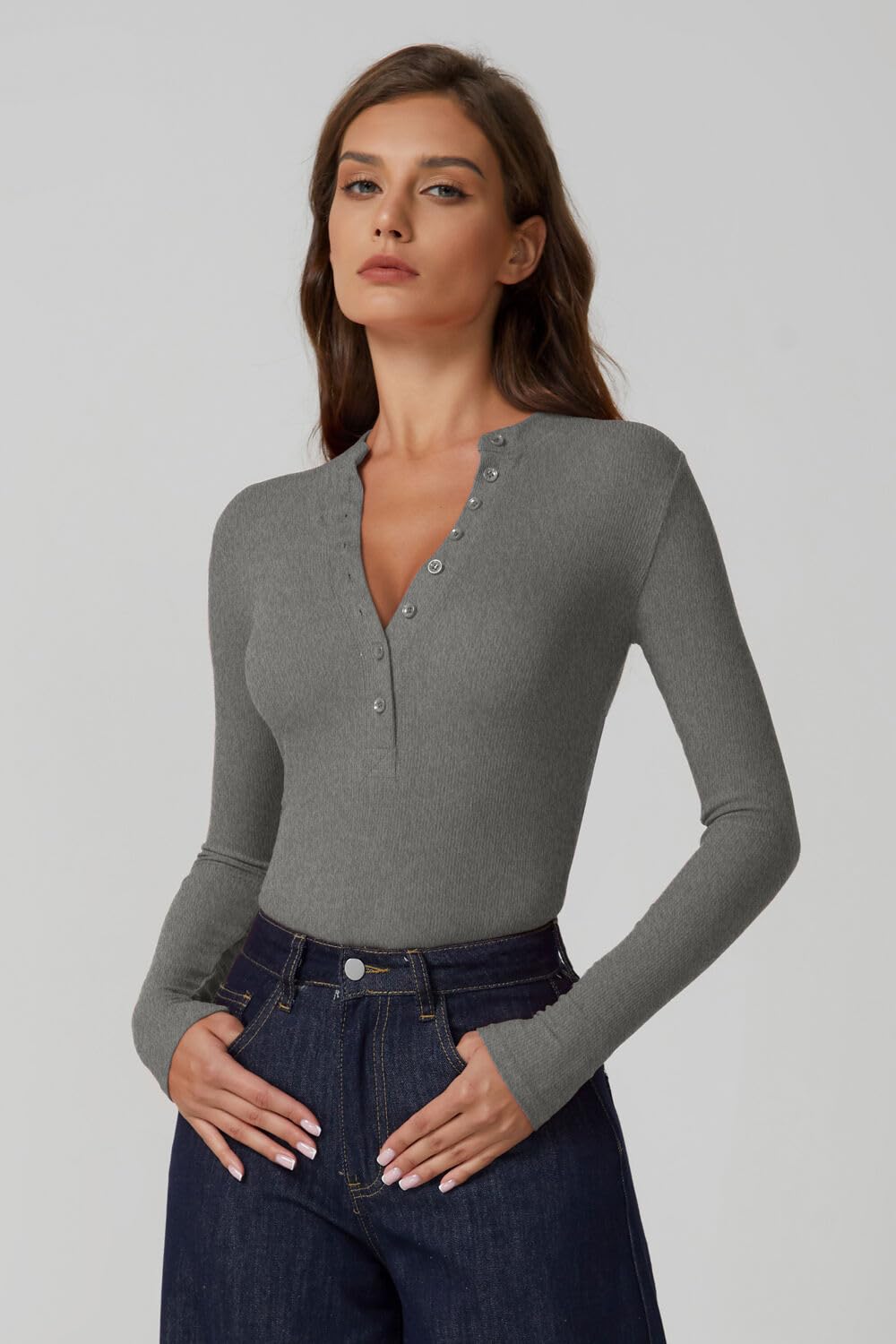 QINSEN Button Down Shirts for Women V Neck Long Sleeve Ribbed Knit Slim Fit Basic Tee Tops