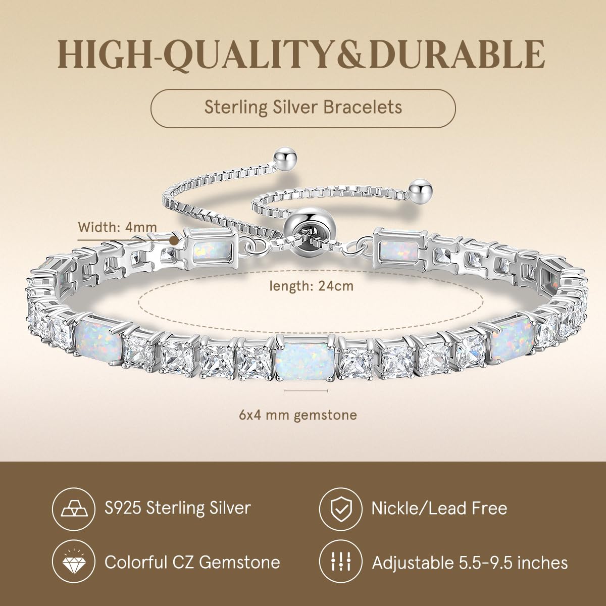 FANCIME Birthstone Bracelet for Women, Sterling Silver 4x6mm Gemstone Tennis Bracelet Bolo Adjustable Chain Fine Jewelry Birthday Gifts for Women Mom Wife Her