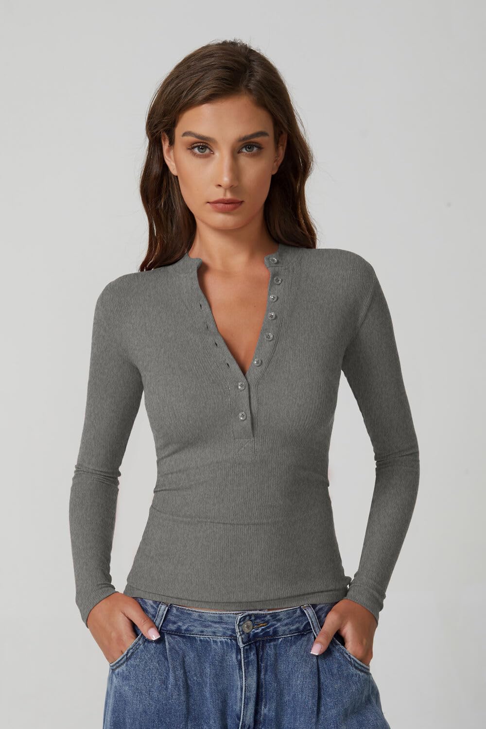 QINSEN Button Down Shirts for Women V Neck Long Sleeve Ribbed Knit Slim Fit Basic Tee Tops