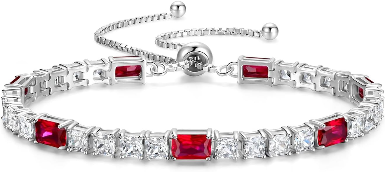 FANCIME Birthstone Bracelet for Women, Sterling Silver 4x6mm Gemstone Tennis Bracelet Bolo Adjustable Chain Fine Jewelry Birthday Gifts for Women Mom Wife Her
