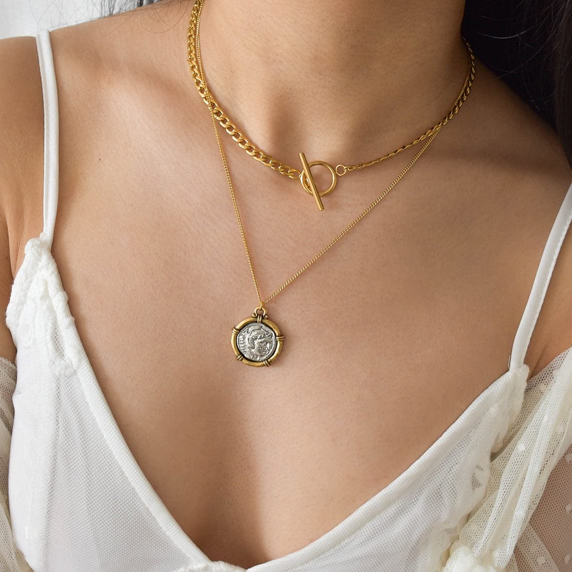 CHESKY 14K Gold Plated Layered Chain Necklace for Women | Trendy Cuban Link Chain, Chunky Paperclip Chain, Toggle Clasp Necklace, Fashion Gold Jewelry, Daily Gift for Women