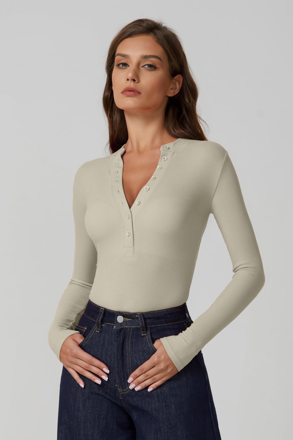 QINSEN Button Down Shirts for Women V Neck Long Sleeve Ribbed Knit Slim Fit Basic Tee Tops