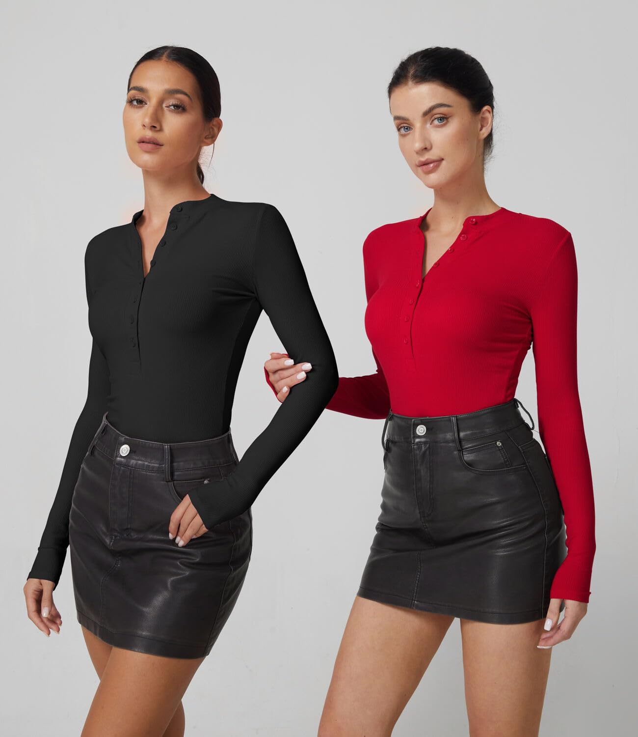 QINSEN Button Down Shirts for Women V Neck Long Sleeve Ribbed Knit Slim Fit Basic Tee Tops