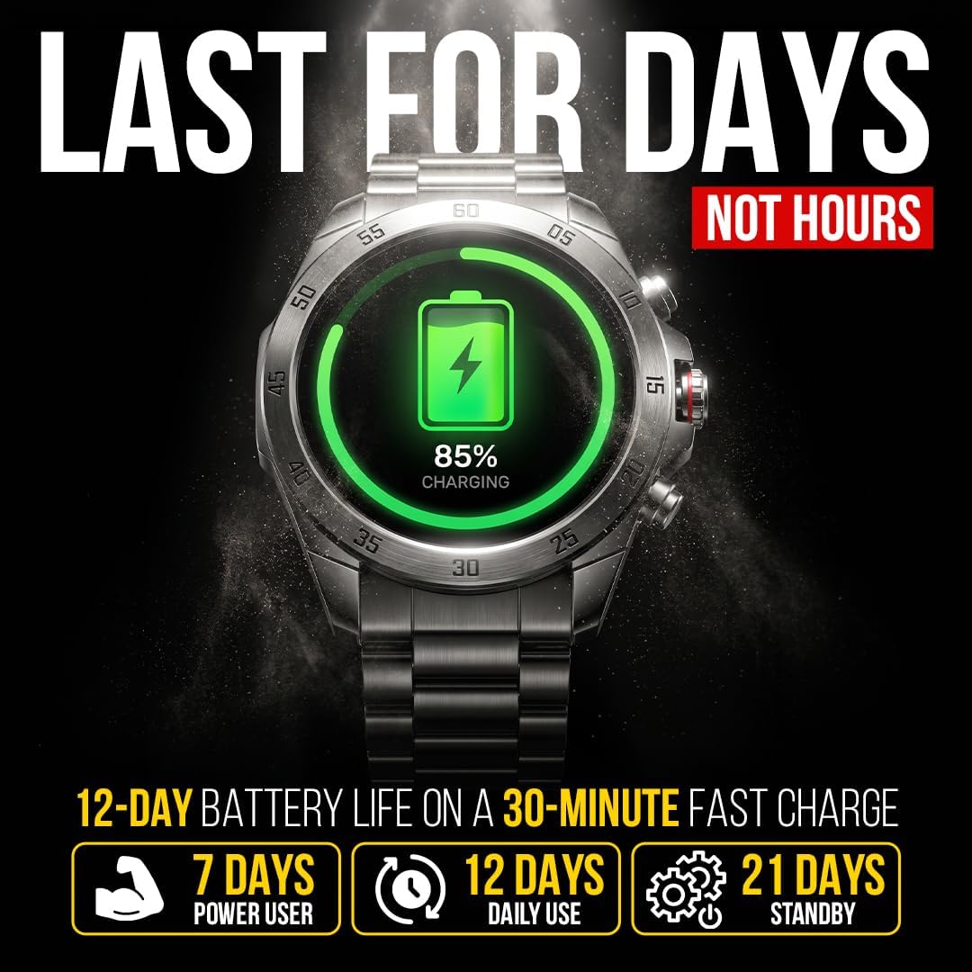 ALPHAGEAR Commander Smartwatch for Men, Tactical Military Smart Watch, 12-Day Battery, AMOLED Display, Bluetooth Calling, IP68 Water Resistant, Stainless Steel, for Android iPhone, Dark Gray