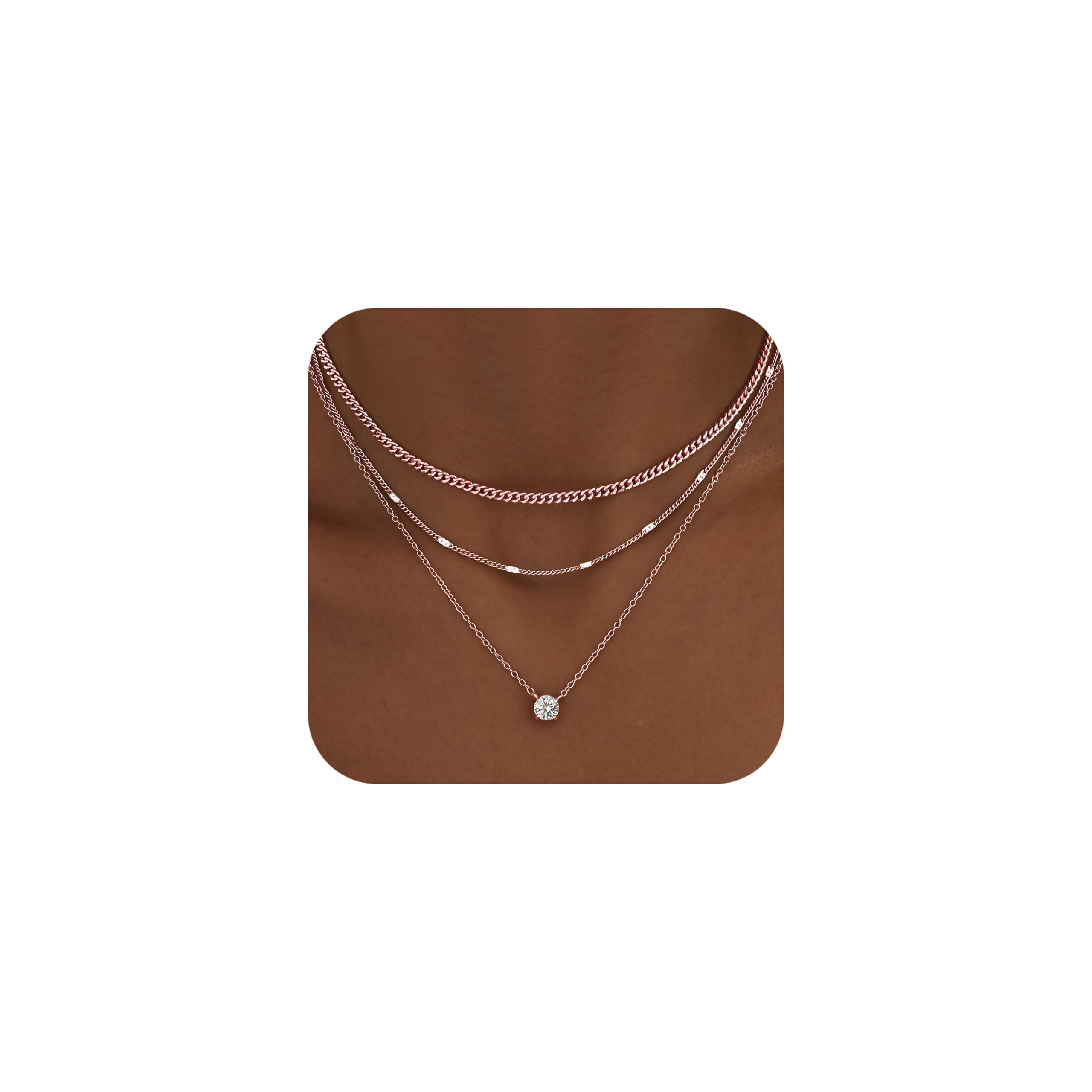 WomenGifts Layered Gold Necklaces for Women, 14K Gold Sterling Silver Plated Dainty Pendant Necklace Set Non Tarnish, Chunky Stackable Cuban Chain Choker, Trendy Birthstone Vacation Jewelry Gift
