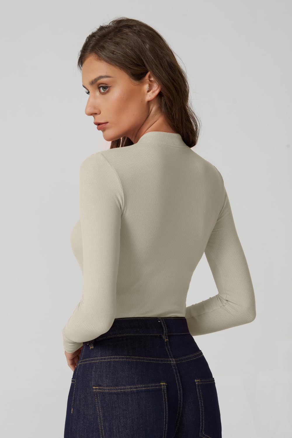 QINSEN Button Down Shirts for Women V Neck Long Sleeve Ribbed Knit Slim Fit Basic Tee Tops