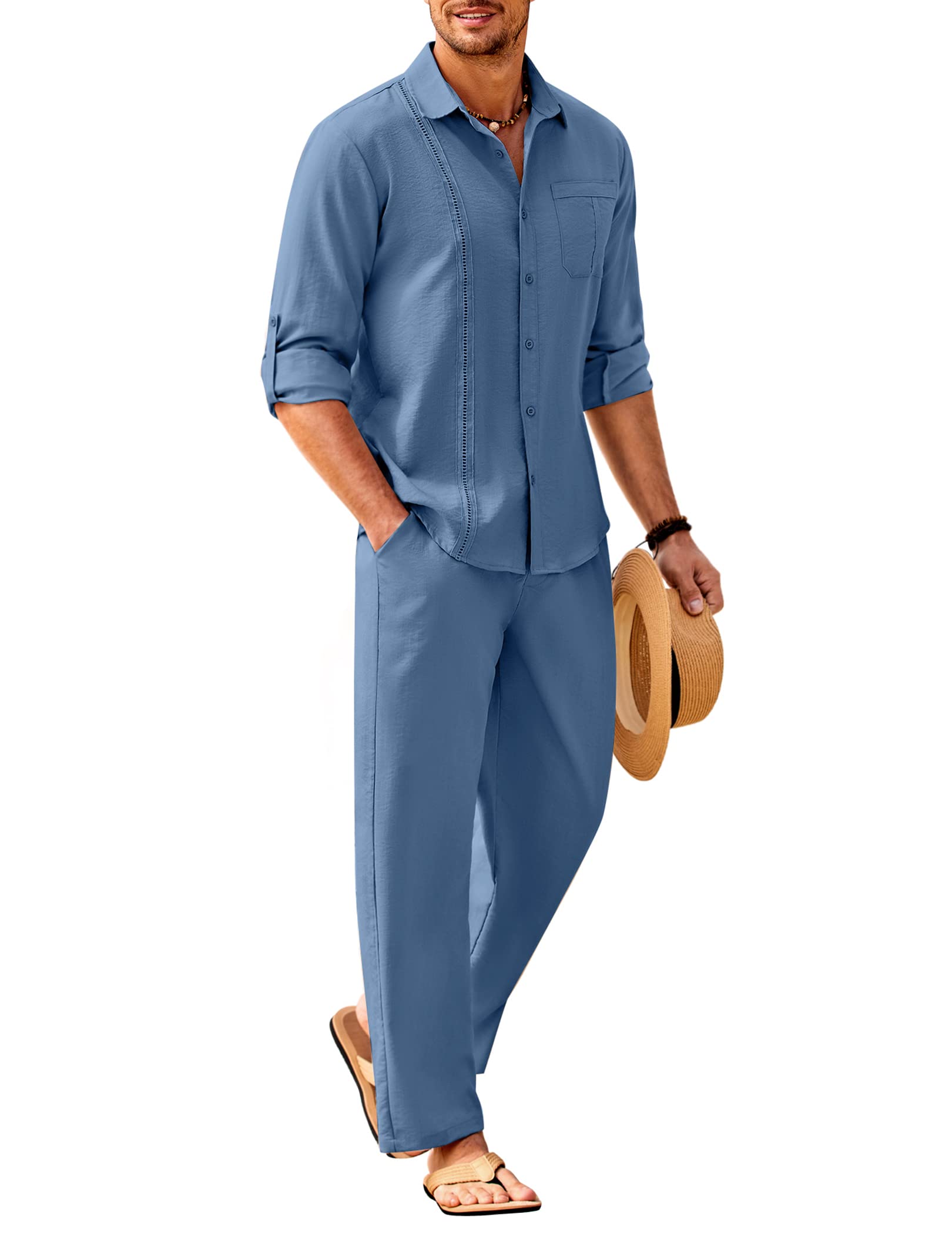 COOFANDY Mens 2 Piece Outfits Long Sleeve Button Down Cuban Shirt and Pants Set Summer Beach Sets
