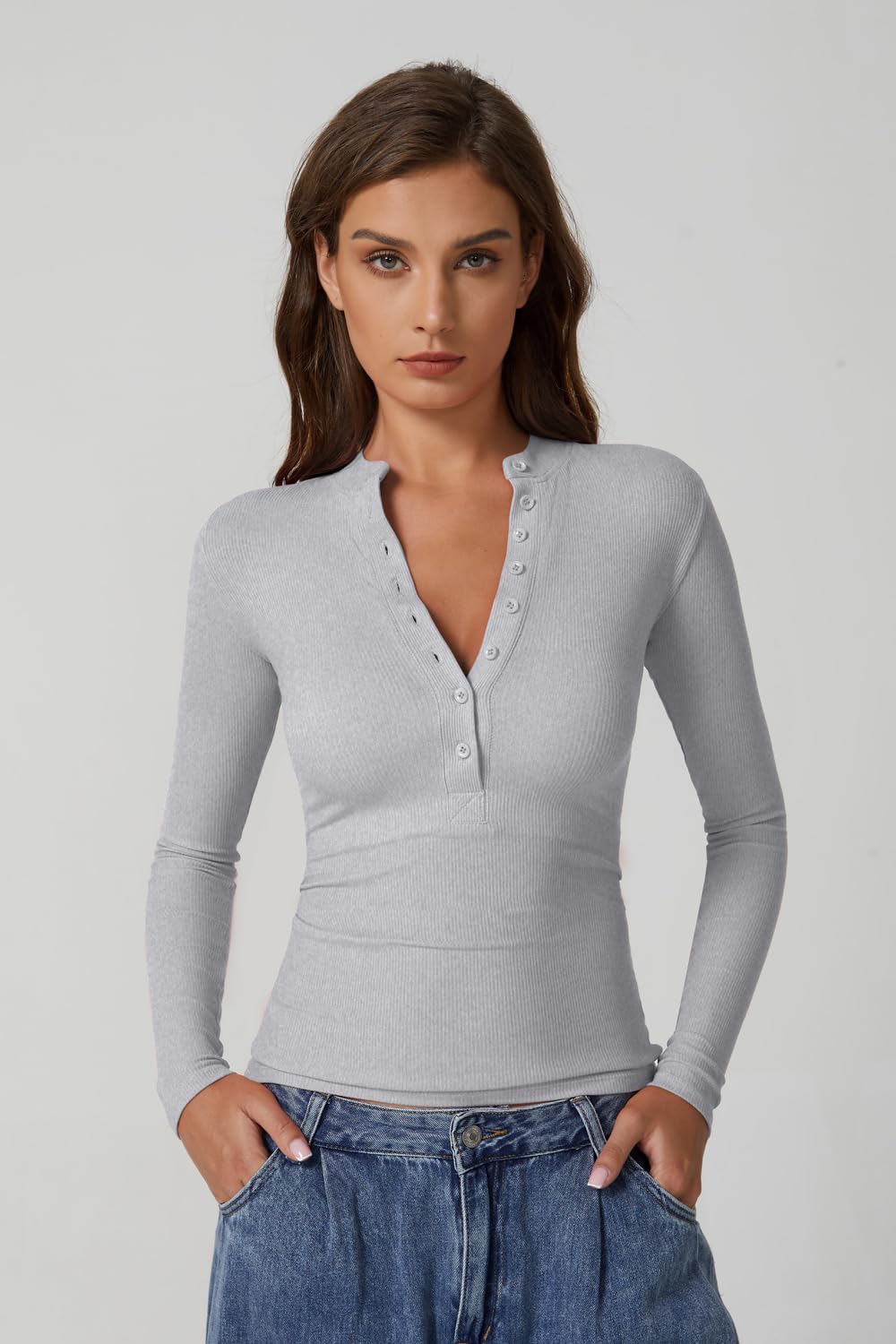 QINSEN Button Down Shirts for Women V Neck Long Sleeve Ribbed Knit Slim Fit Basic Tee Tops