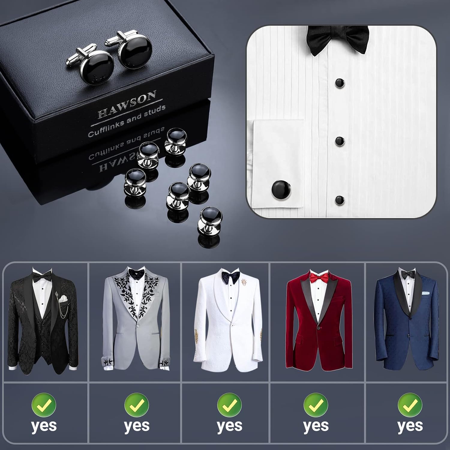 HAWSON Men’s Cufflinks and Tuxedo Studs Set with Gift Box; Men’s Jewelry or Accessories Suitable for Black Suit White Shirts Vest and Red Bow tie on Wedding or Anniversary and Birthday