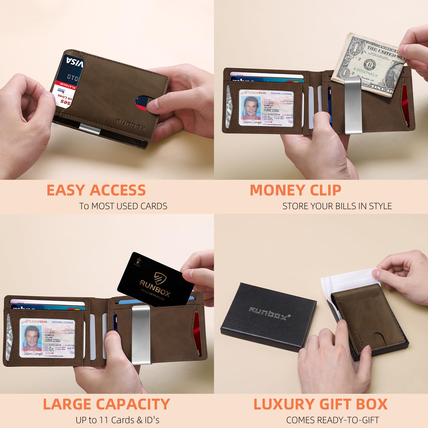 RUNBOX Slim Wallet for Men - RFID Blocking Leather Bifold with Money Clip | Minimalist Front Pocket Wallet Holds 11 Cards,Slim Thin Design,RFID Blocking Protection, Practical Birthday Gifts for Men