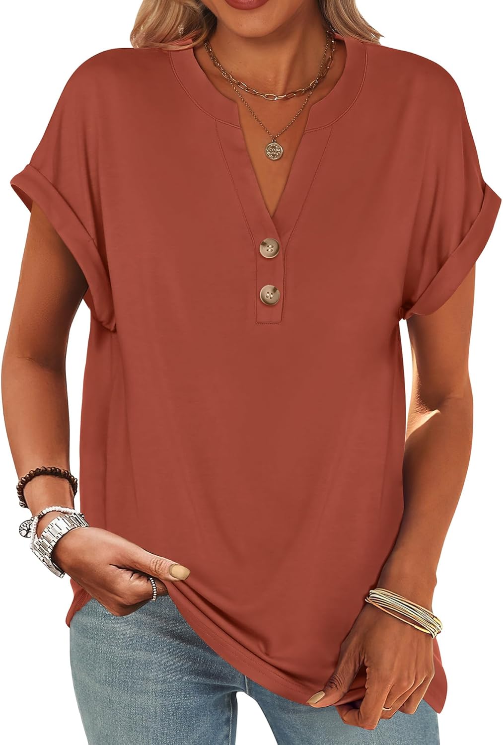 ANRABESS Womens Short Sleeve Henley Tops V Neck Dressy Casual Blouses Summer Trendy Tee Shirts 2026 Vacation Fashion Clothes