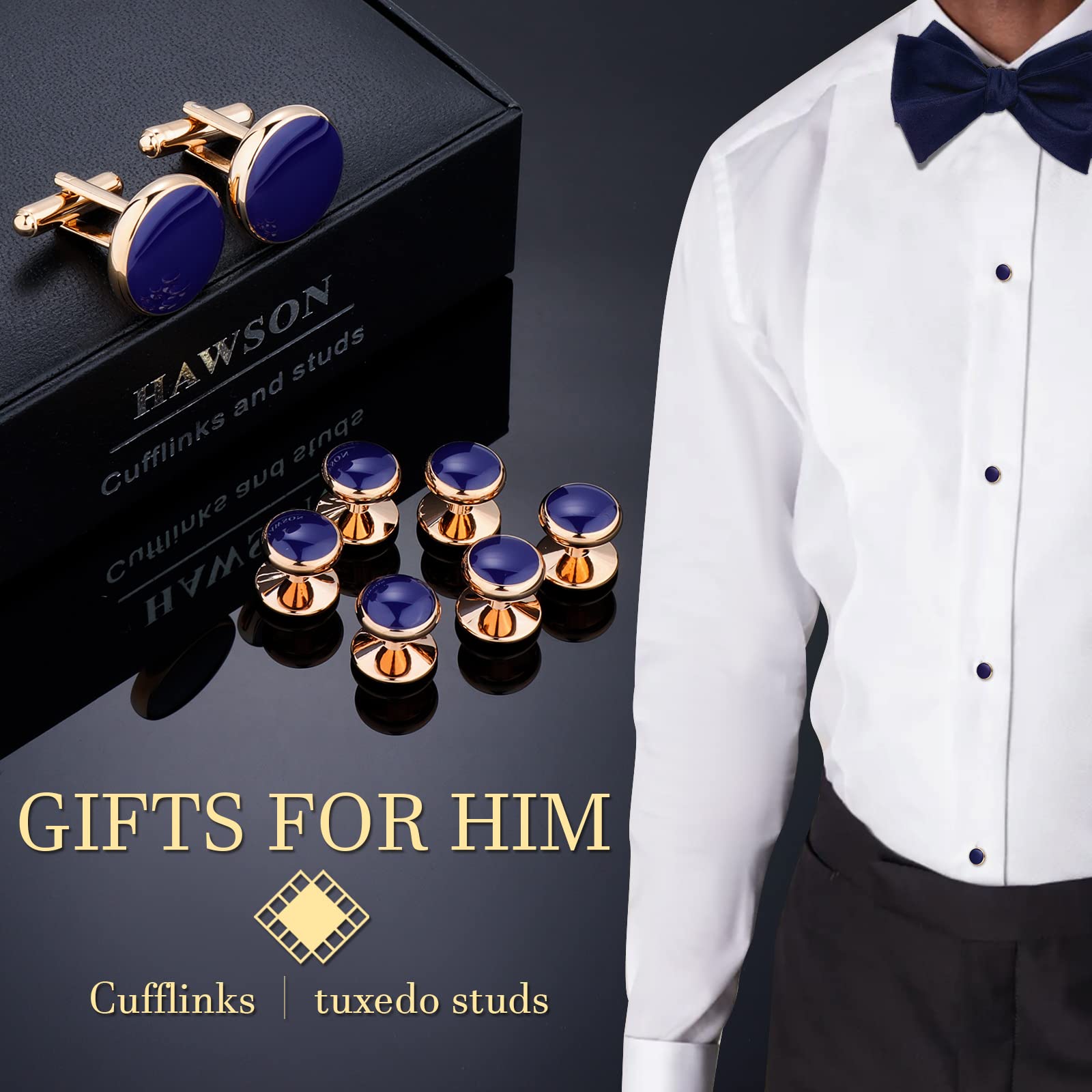 HAWSON Men’s Cufflinks and Tuxedo Studs Set with Gift Box; Men’s Jewelry or Accessories Suitable for Black Suit White Shirts Vest and Red Bow tie on Wedding or Anniversary and Birthday