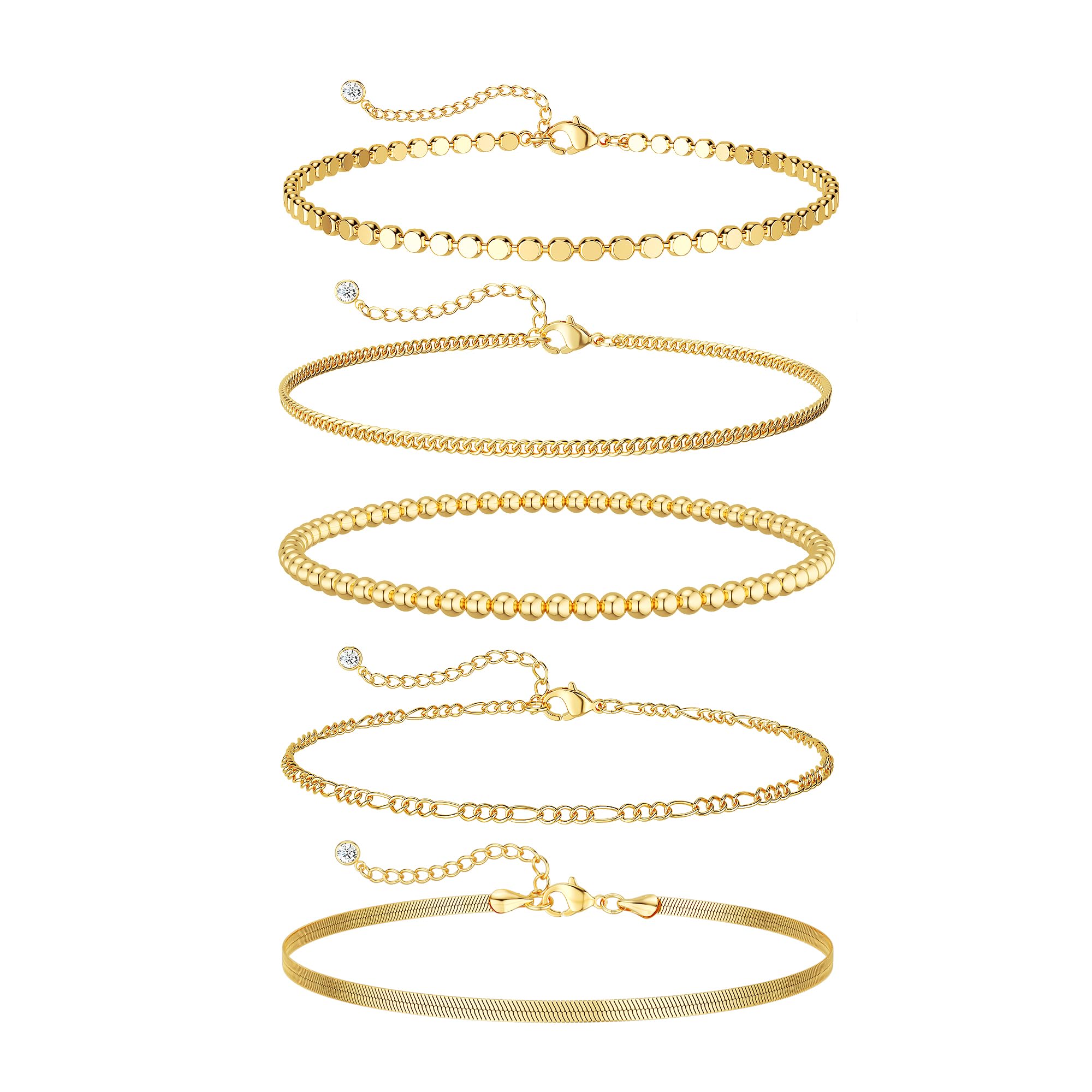 Dearmay Gold Bracelets for Women Waterproof, 14K Gold Plated Minimalist Bracelets Stack Non Tarnish Trendy Dainty Herringbone Vintage Cuban Paperclip Rope Thin Box Link Chain Stackable Jewelry Sets Modern Fashion Accessories Gifts for Womens