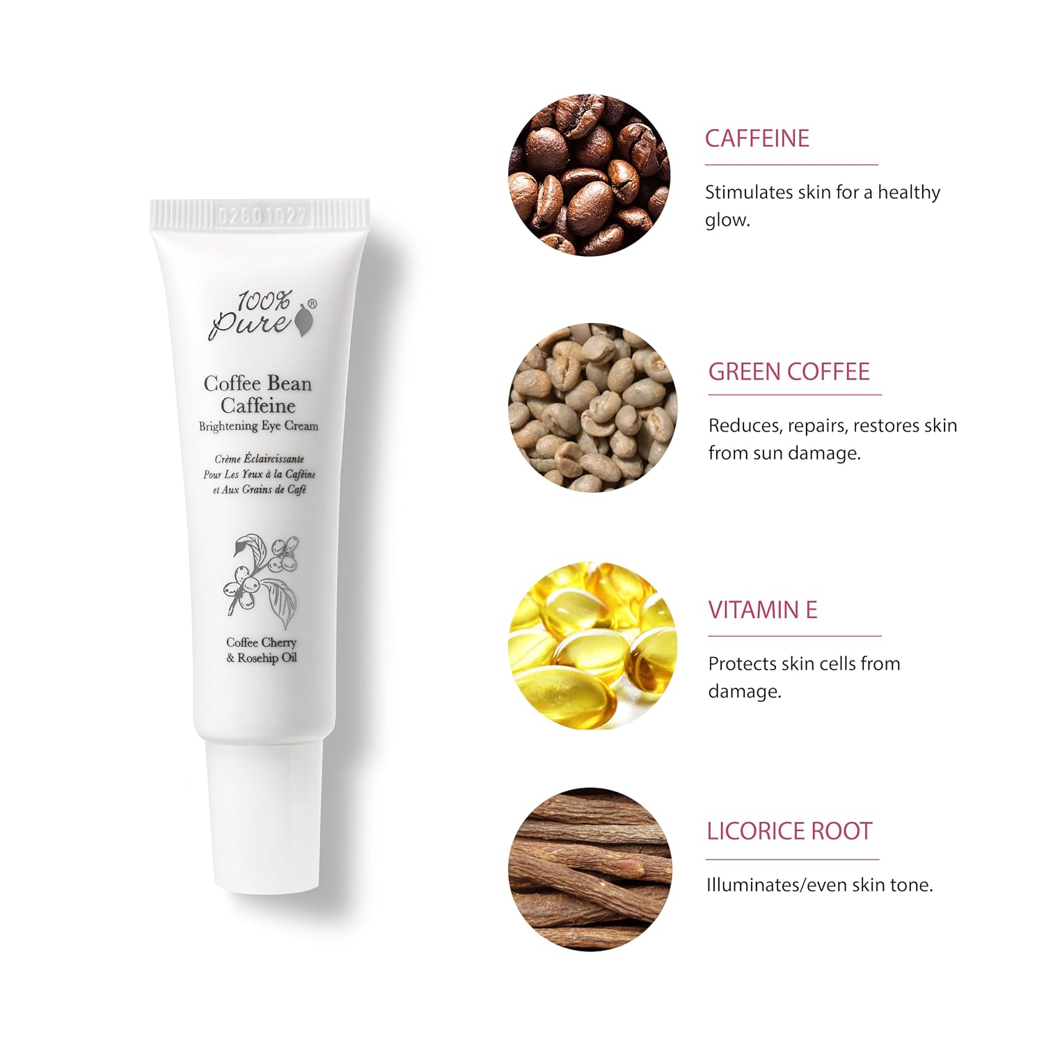 100% PURE Coffee Bean Caffeine Eye Cream, 1 oz | with Vitamin E, Green Tea, Rose; for Dry skin; Dark Circles; Vegan