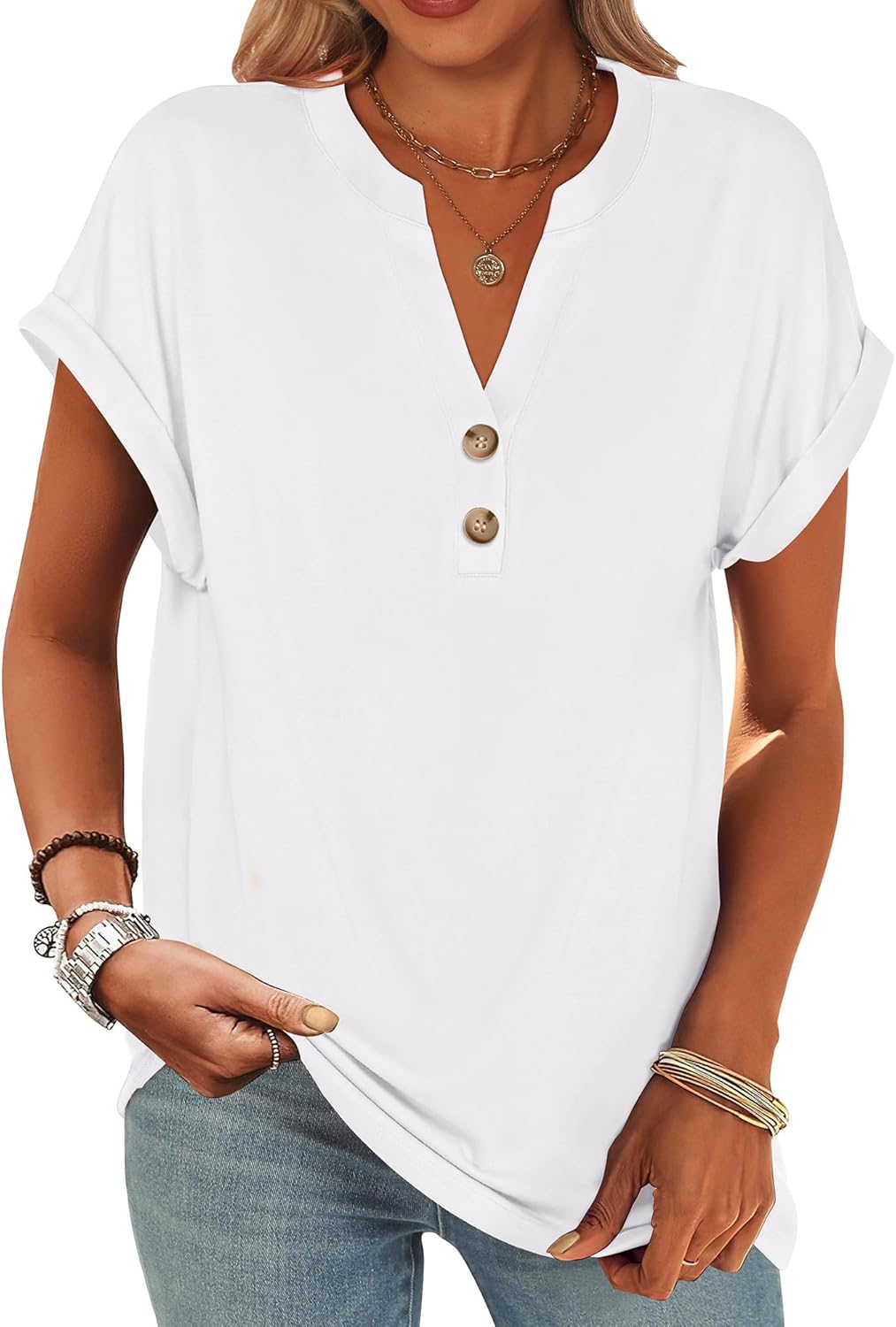 ANRABESS Womens Short Sleeve Henley Tops V Neck Dressy Casual Blouses Summer Trendy Tee Shirts 2026 Vacation Fashion Clothes