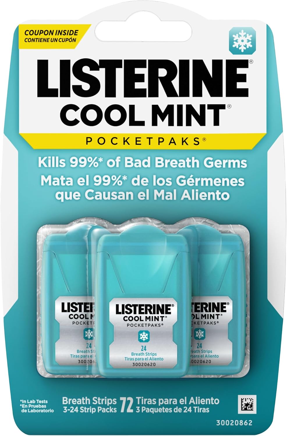Listerine PocketPaks Breath Strips, Cool Mint, 24-Strip Pack, 3 Pack | Breath Freshener, Dissolves Instantly, Kills 99% of Bad Breath Germs, Travel Essentials
