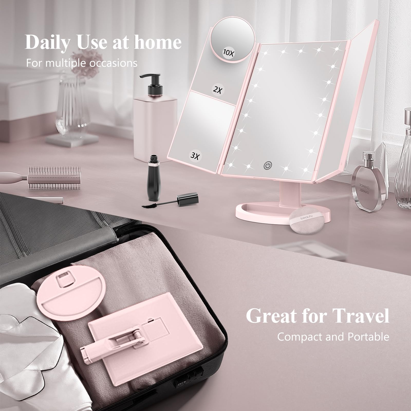 HUONUL 2X/3X/10X Magnifying Vanity Mirror with Light, Trifold Makeup Mirror | Touch Dimming, Dual Power, Clear View for Makeup, Skincare. Dorm Room Essentials. Birthday Gifts for Women, Mom, Wife, Girls