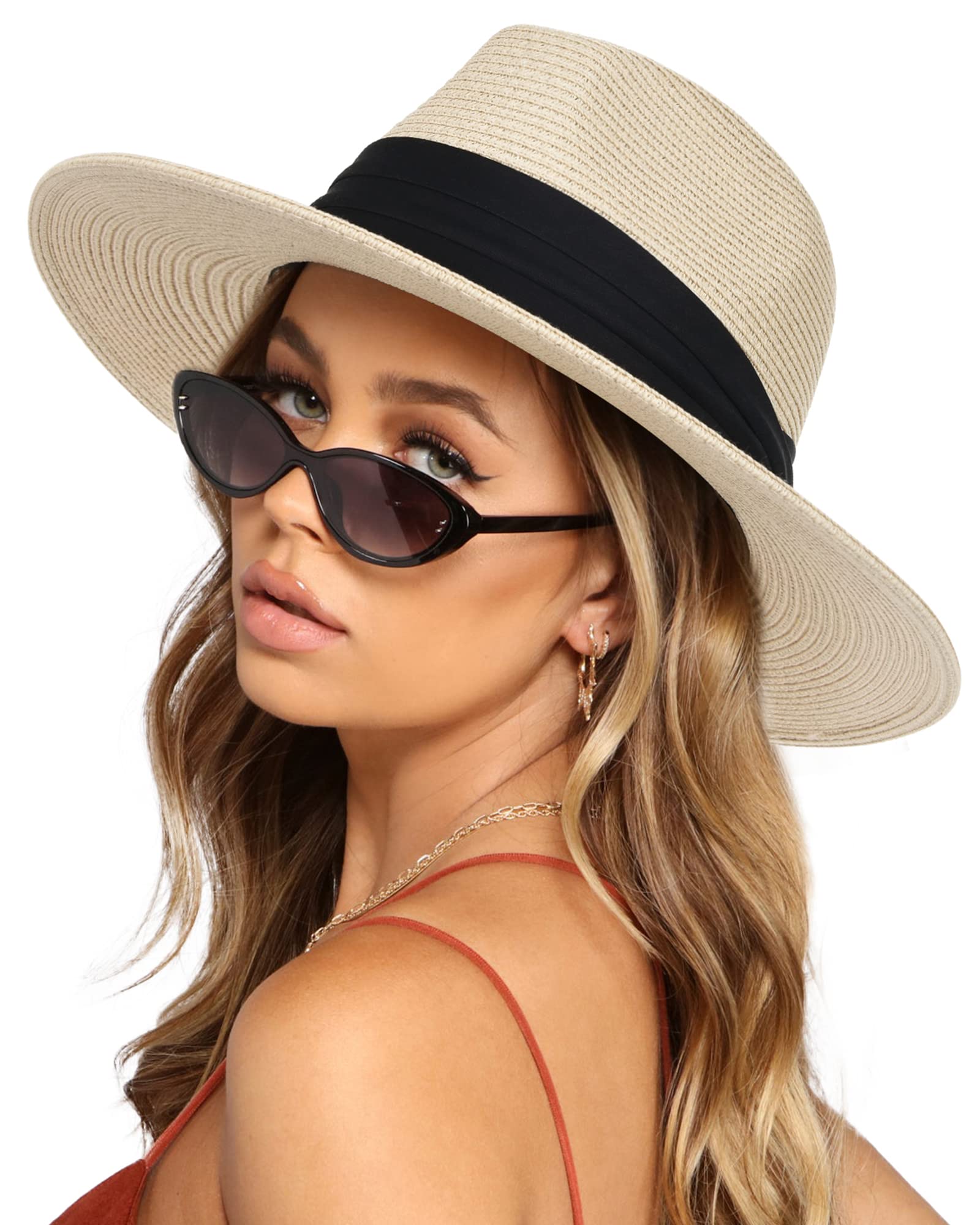 FURTALK Womens Mens Wide Brim Straw Panama Hat Fedora Summer Beach Sun Hat | Breathable Paper Straw, Classic Ribbon Trim, UPF Protection, Adjustable Band Inside, Chin Strap for Gusty Winds