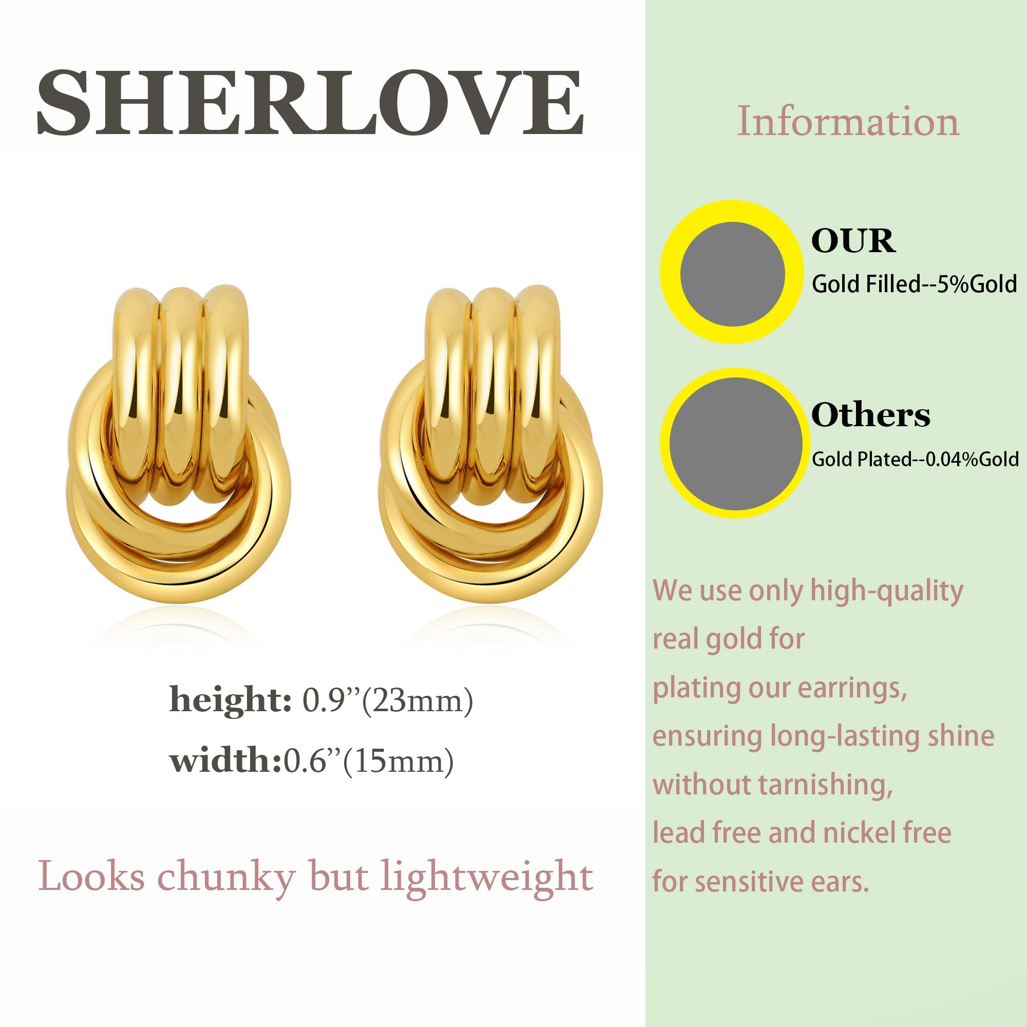 SHERLOVE Chunky Knot Gold Earrings Women Statement Drop Dangle Earrings | 14K Gold Plated Hypoallergenic Lightweight,Trendy Dainty Elegant Cute,Women Gold Jewelry Fashion Accessories Gifts