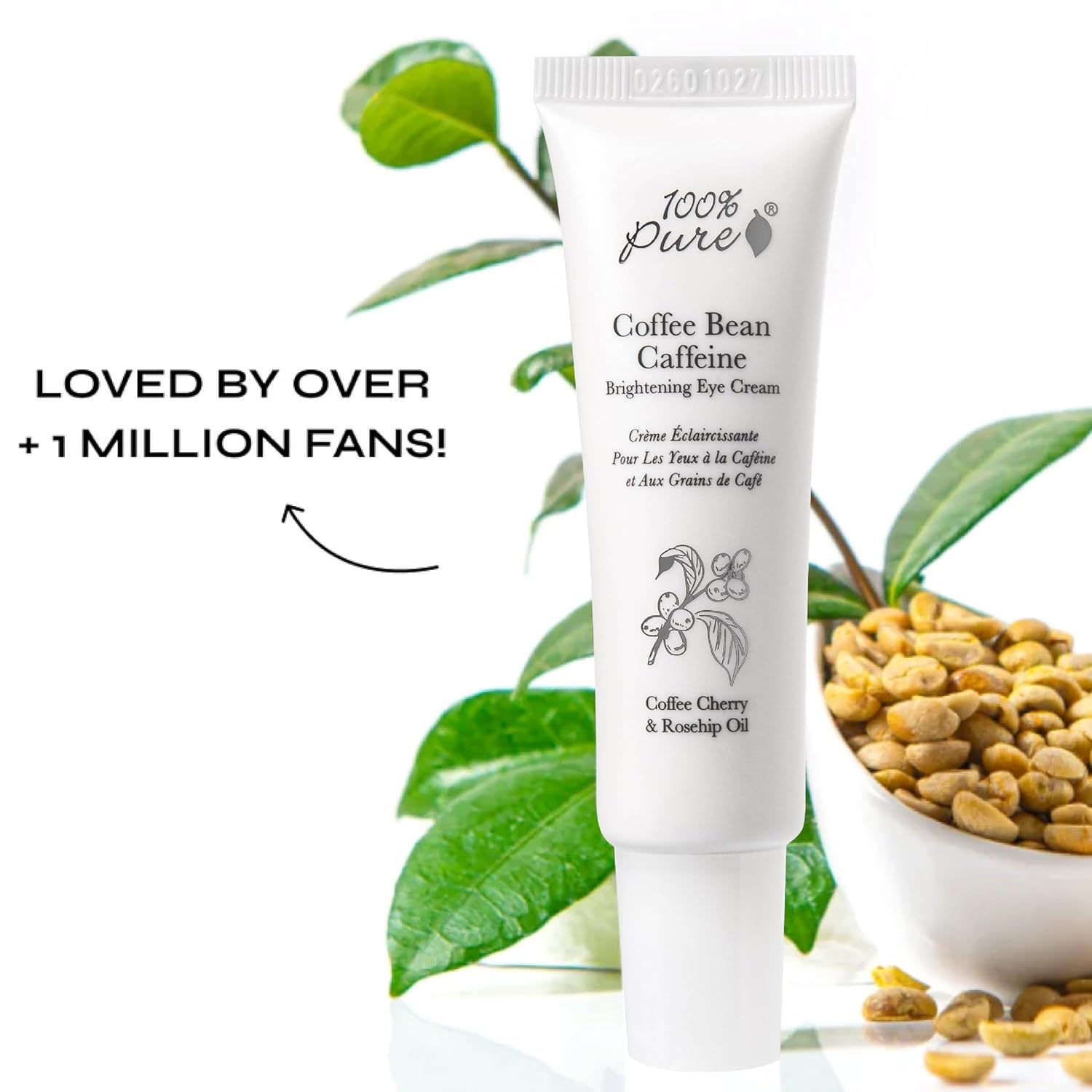100% PURE Coffee Bean Caffeine Eye Cream, 1 oz | with Vitamin E, Green Tea, Rose; for Dry skin; Dark Circles; Vegan
