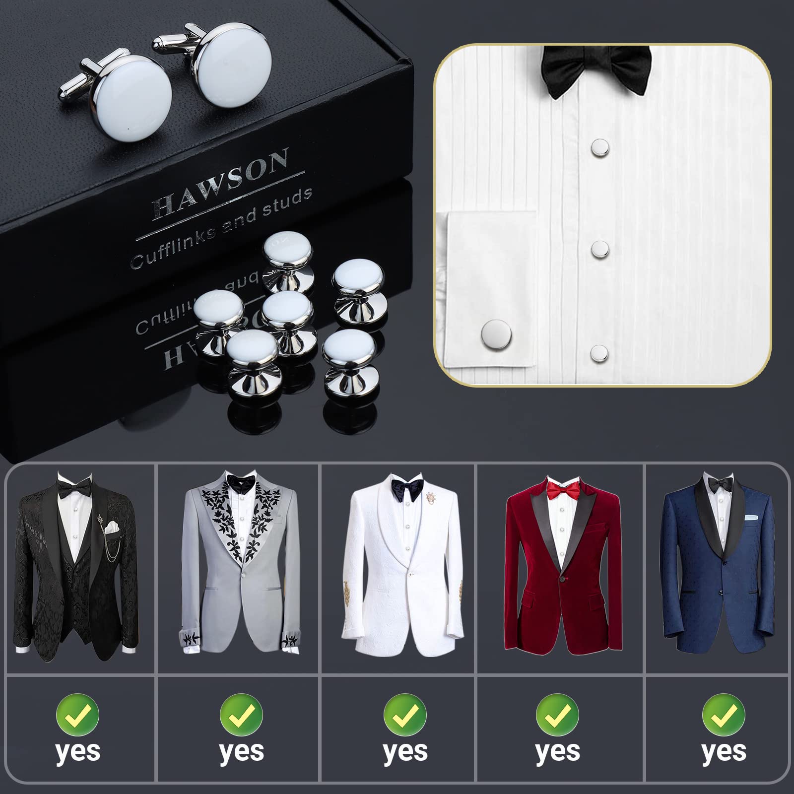 HAWSON Men’s Cufflinks and Tuxedo Studs Set with Gift Box; Men’s Jewelry or Accessories Suitable for Black Suit White Shirts Vest and Red Bow tie on Wedding or Anniversary and Birthday